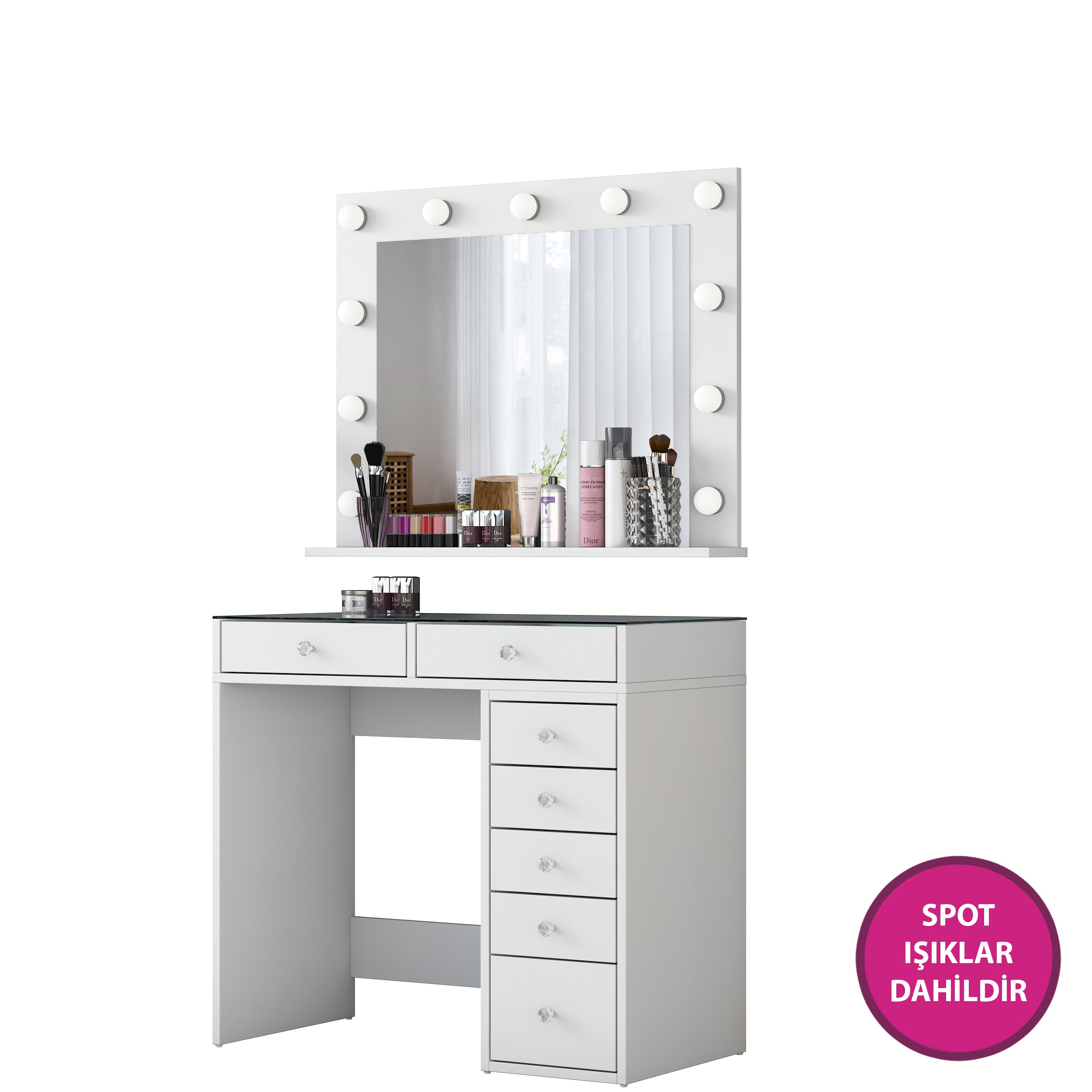 Rani BJ117 Hollywood Işıklı Aynalı Kulis Makyaj Masası Cam Tablalı 7 Çekmeceli Takı Düzenleyici Beyaz