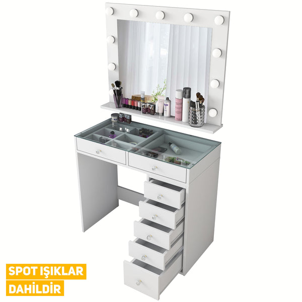 Rani BJ117 Hollywood Illuminated Mirror Backstage Makeup Table with Glass Table Jewelry Organizer White