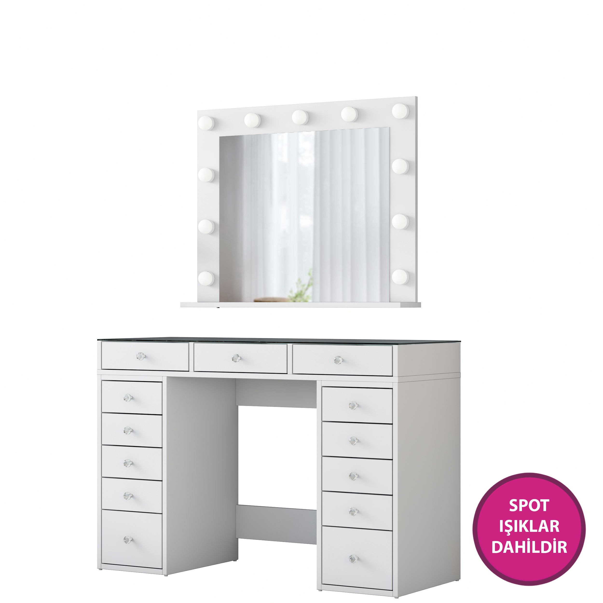 Rani BJ118 Hollywood Işıklı Aynalı Kulis Makyaj Masası Cam Tablalı 13 Çekmeceli Takı Düzenleyici Beyaz