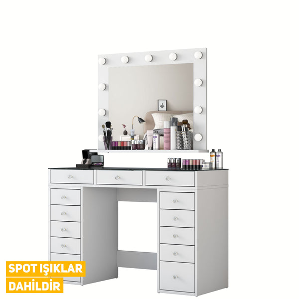 Rani BJ118 Hollywood Illuminated Mirror Backstage Makeup Table Jewelry Organizer White With Glass Table