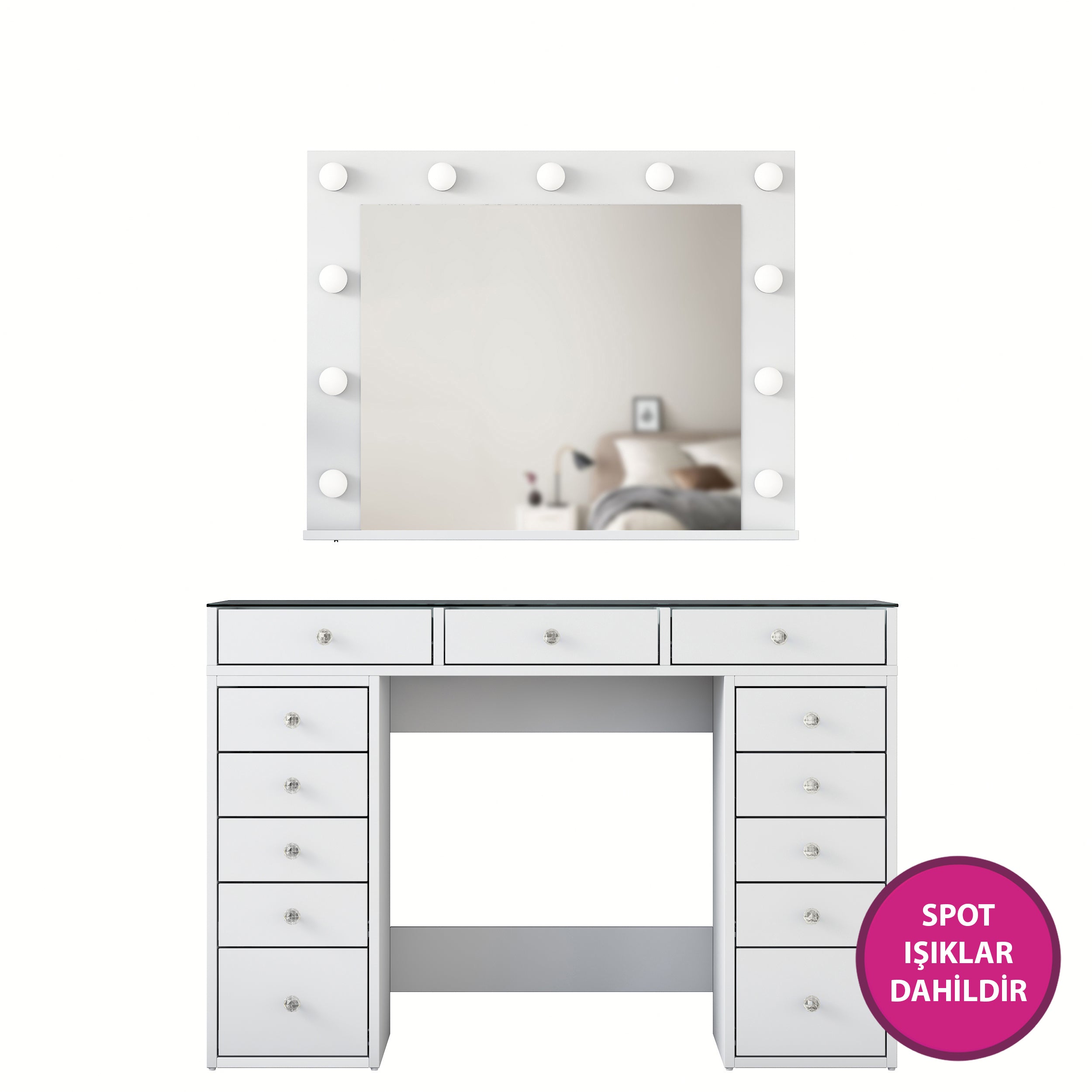 Rani BJ118 Hollywood Işıklı Aynalı Kulis Makyaj Masası Cam Tablalı 13 Çekmeceli Takı Düzenleyici Beyaz