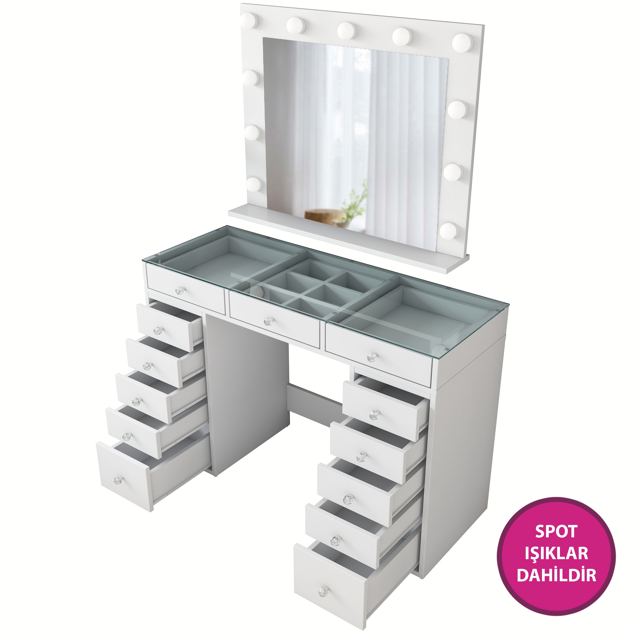 Rani BJ118 Hollywood Işıklı Aynalı Kulis Makyaj Masası Cam Tablalı 13 Çekmeceli Takı Düzenleyici Beyaz