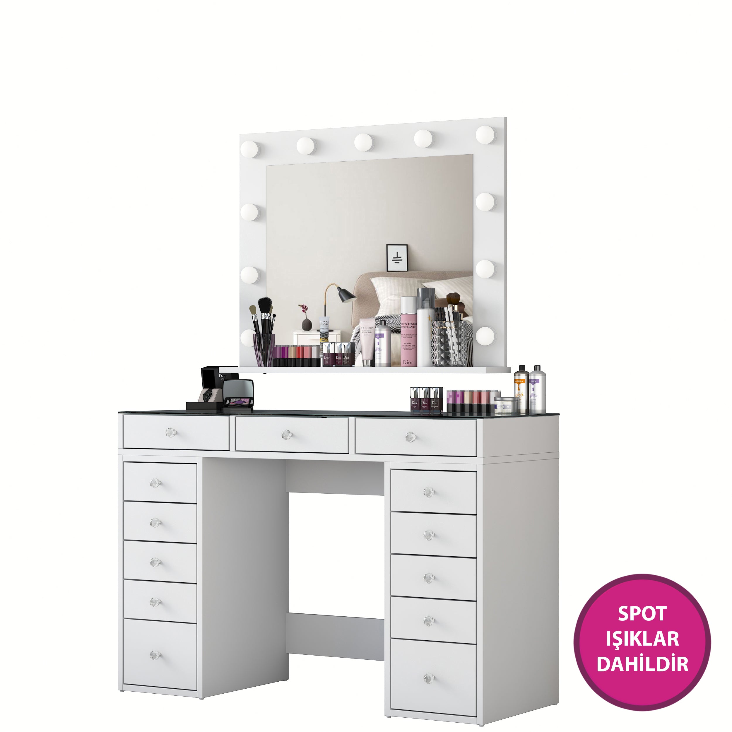 Rani BJ118 Hollywood Işıklı Aynalı Kulis Makyaj Masası Cam Tablalı 13 Çekmeceli Takı Düzenleyici Beyaz