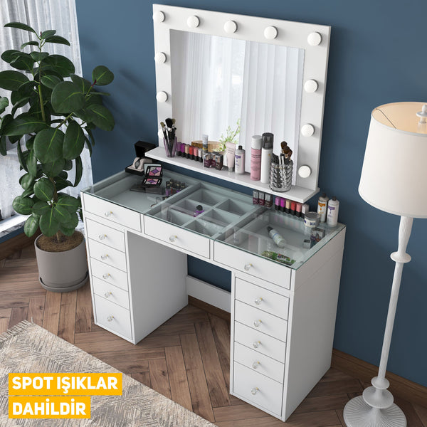 Rani BJ118 Hollywood Illuminated Mirror Backstage Makeup Table Jewelry Organizer White With Glass Table