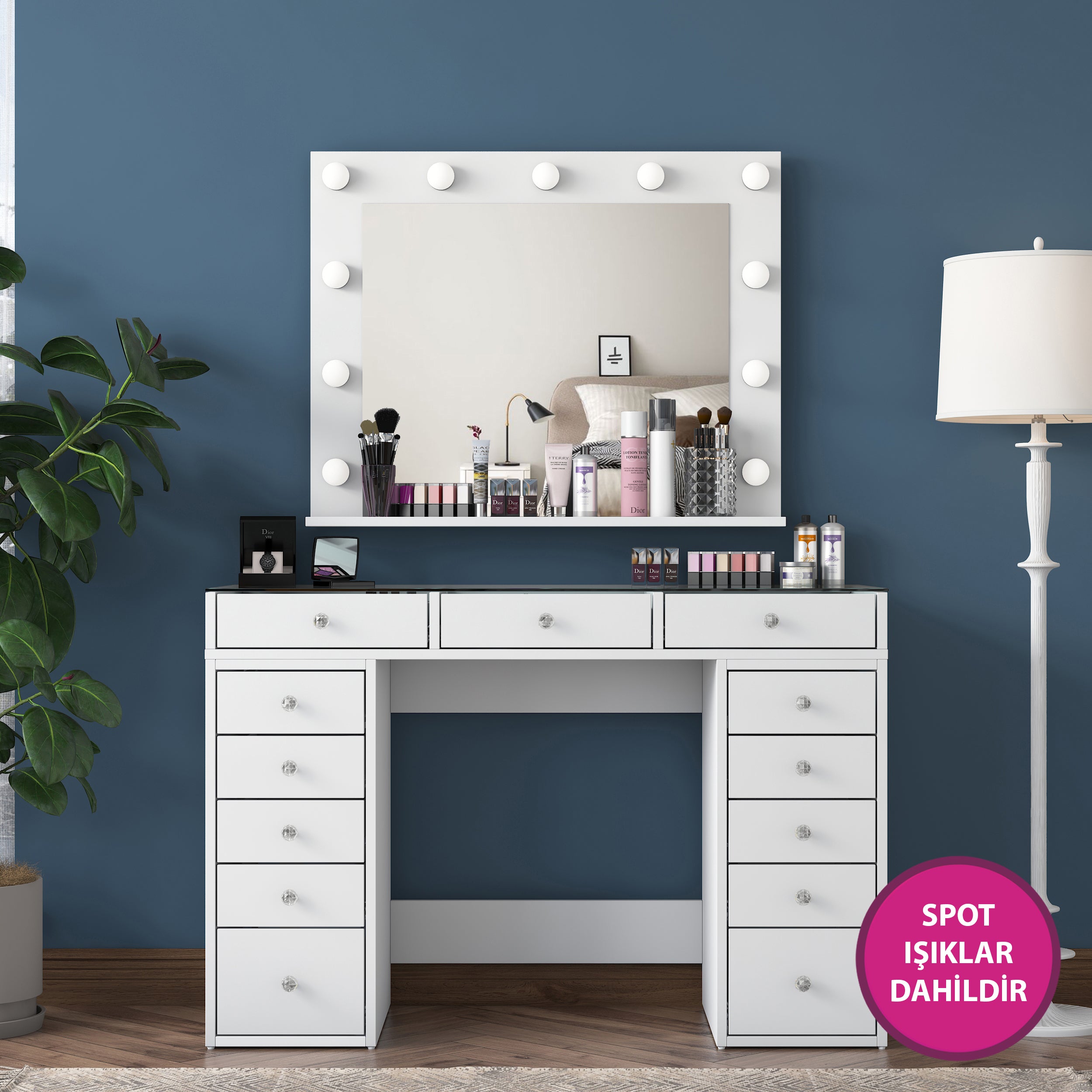 Rani BJ118 Hollywood Işıklı Aynalı Kulis Makyaj Masası Cam Tablalı 13 Çekmeceli Takı Düzenleyici Beyaz