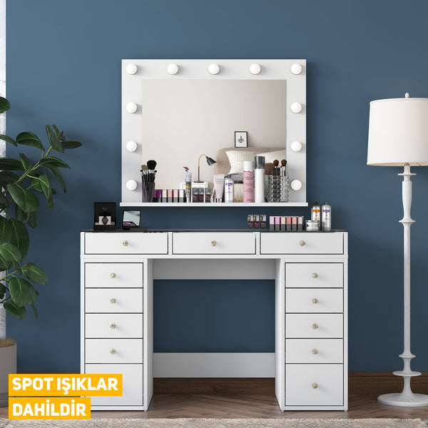 Rani BJ118 Hollywood Illuminated Mirror Backstage Makeup Table Jewelry Organizer White With Glass Table