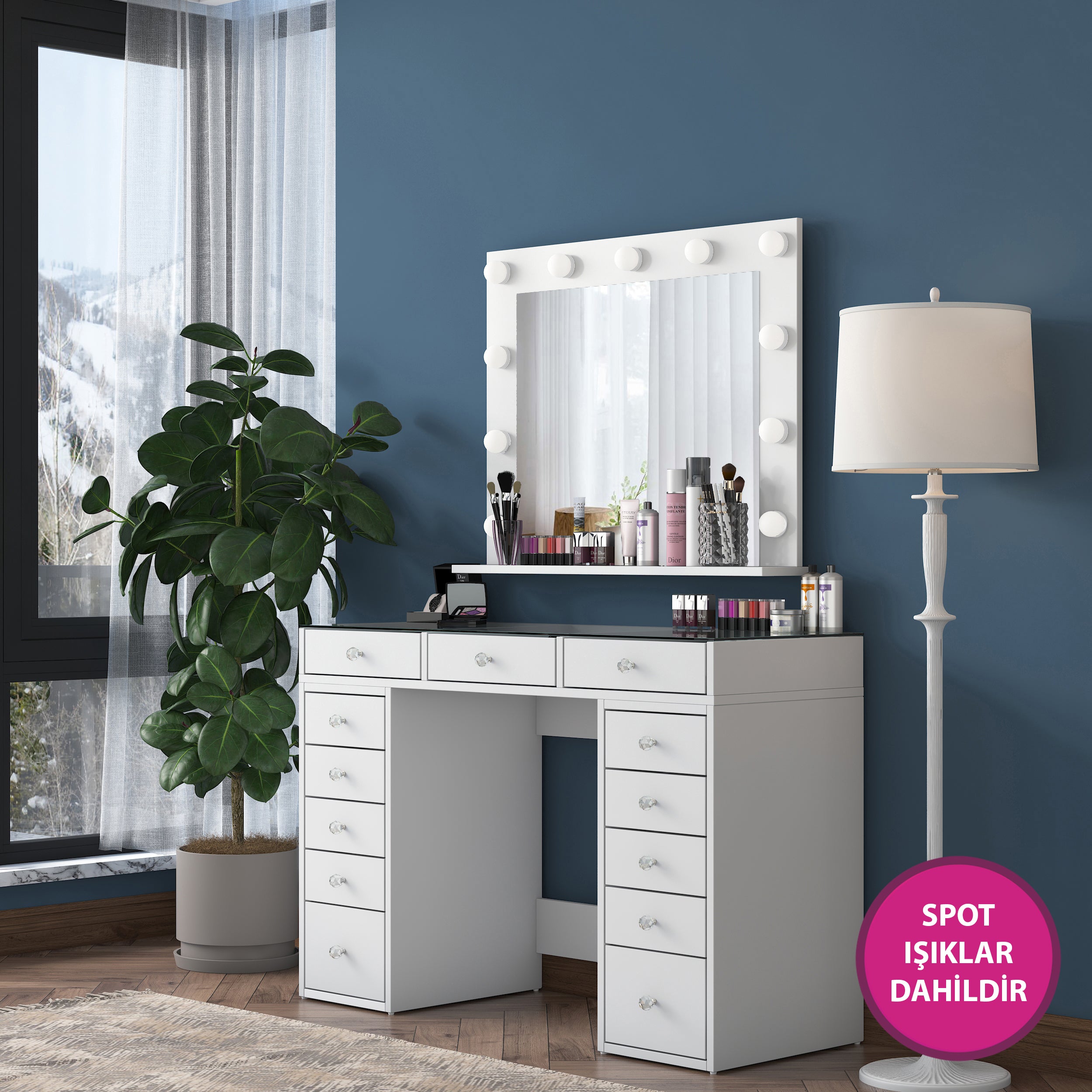 Rani BJ118 Hollywood Işıklı Aynalı Kulis Makyaj Masası Cam Tablalı 13 Çekmeceli Takı Düzenleyici Beyaz