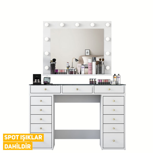 Rani BJ118 Hollywood Illuminated Mirror Backstage Makeup Table Jewelry Organizer White With Glass Table