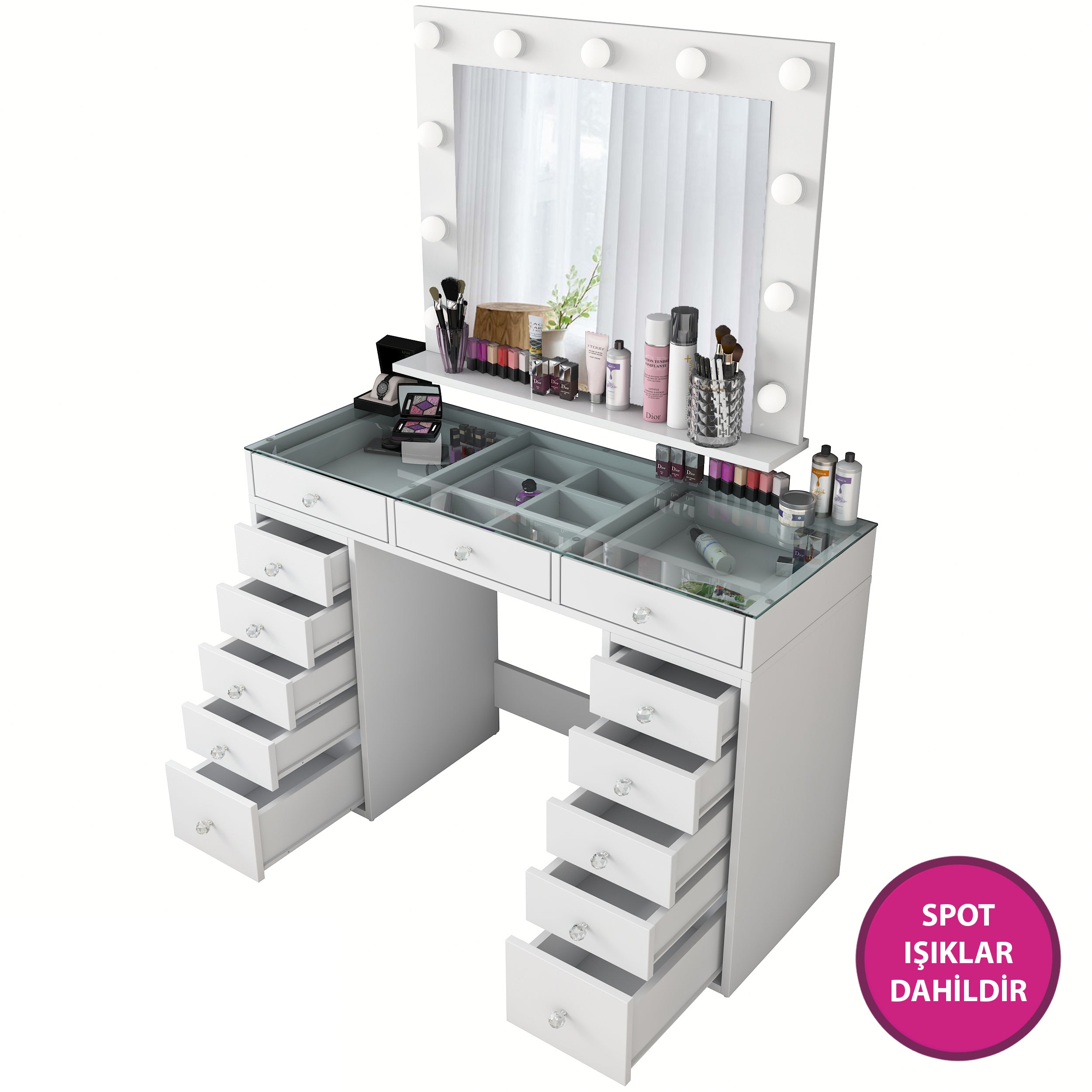 Rani BJ118 Hollywood Işıklı Aynalı Kulis Makyaj Masası Cam Tablalı 13 Çekmeceli Takı Düzenleyici Beyaz