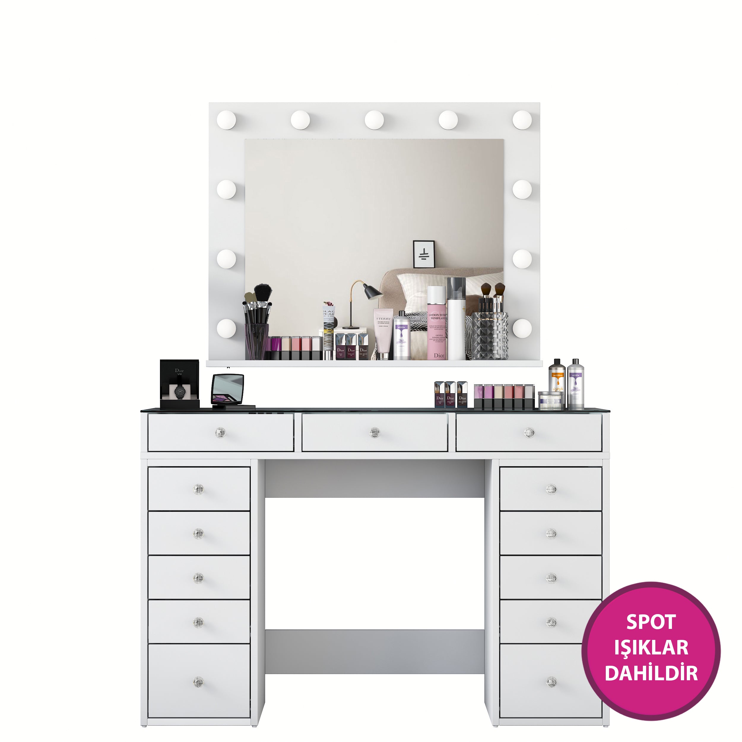 Rani BJ118 Hollywood Işıklı Aynalı Kulis Makyaj Masası Cam Tablalı 13 Çekmeceli Takı Düzenleyici Beyaz