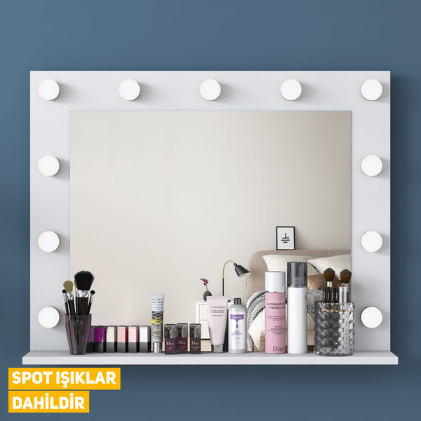 Rani BJ118 Hollywood Işıklı Aynalı Kulis Makyaj Masası Cam Tablalı Takı Düzenleyici Beyaz