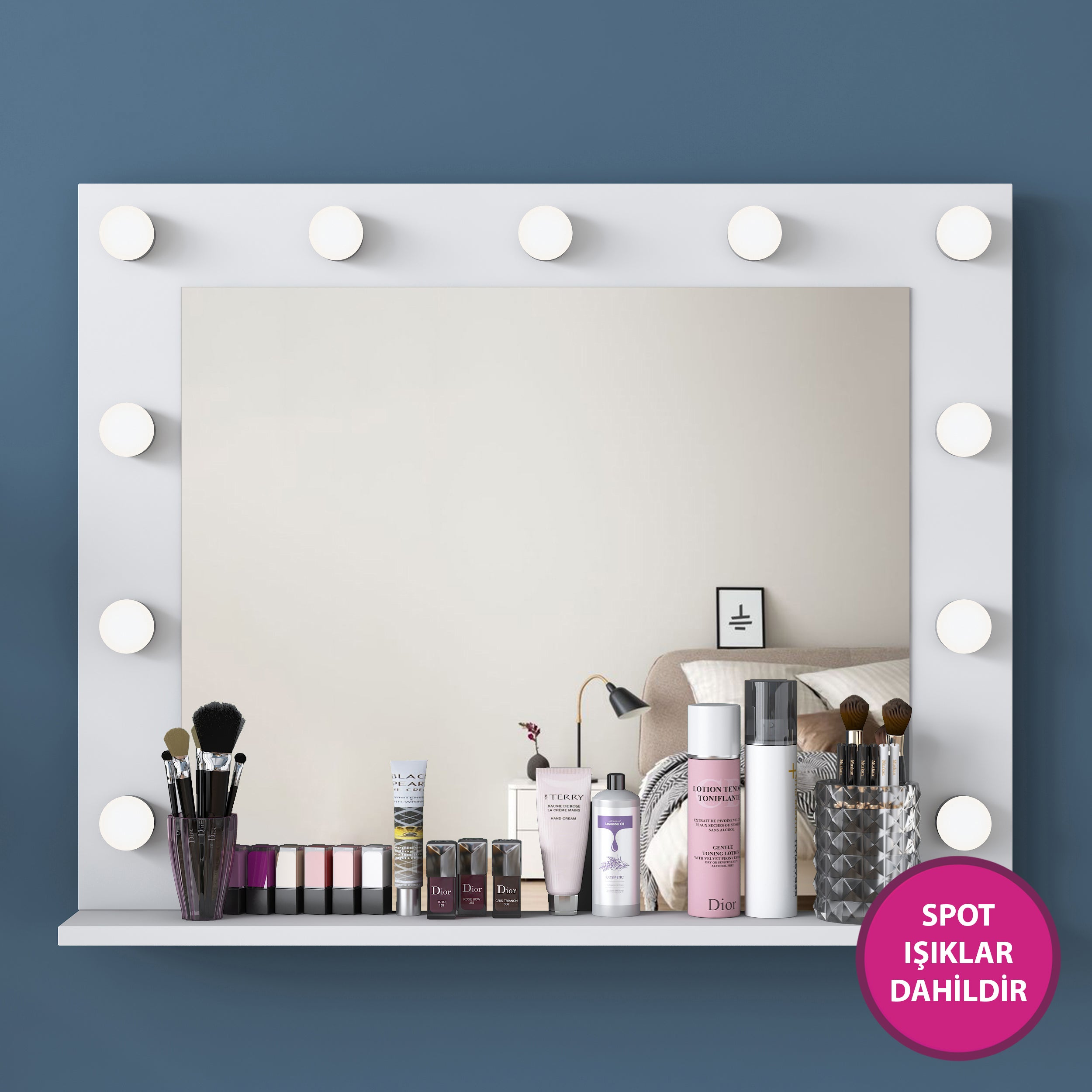 Rani BJ115 Hollywood Illuminated Mirrored Backstage Makeup Table 7 Drawers Jewelry Organizer White