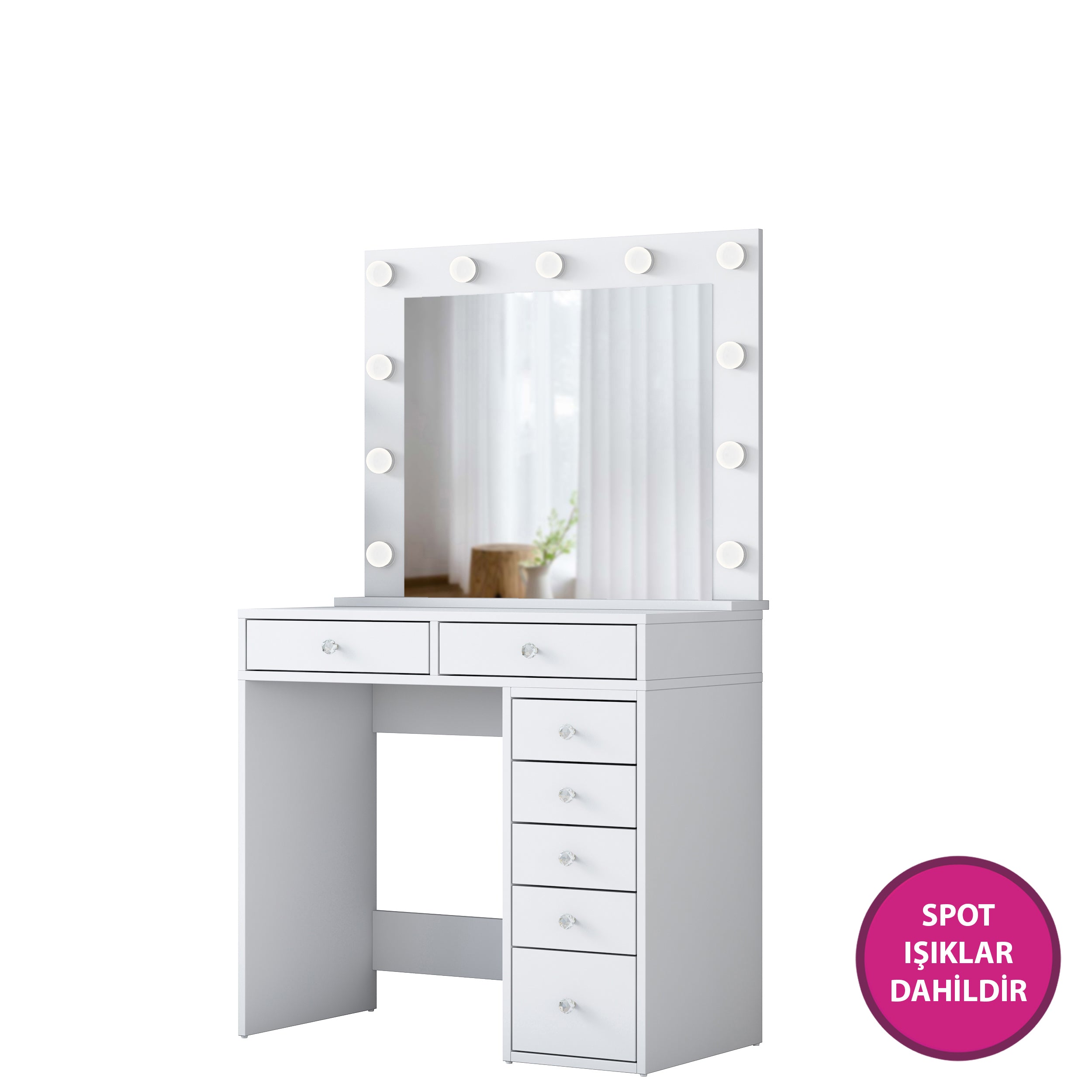 Rani BJ115 Hollywood Illuminated Mirrored Backstage Makeup Table 7 Drawers Jewelry Organizer White