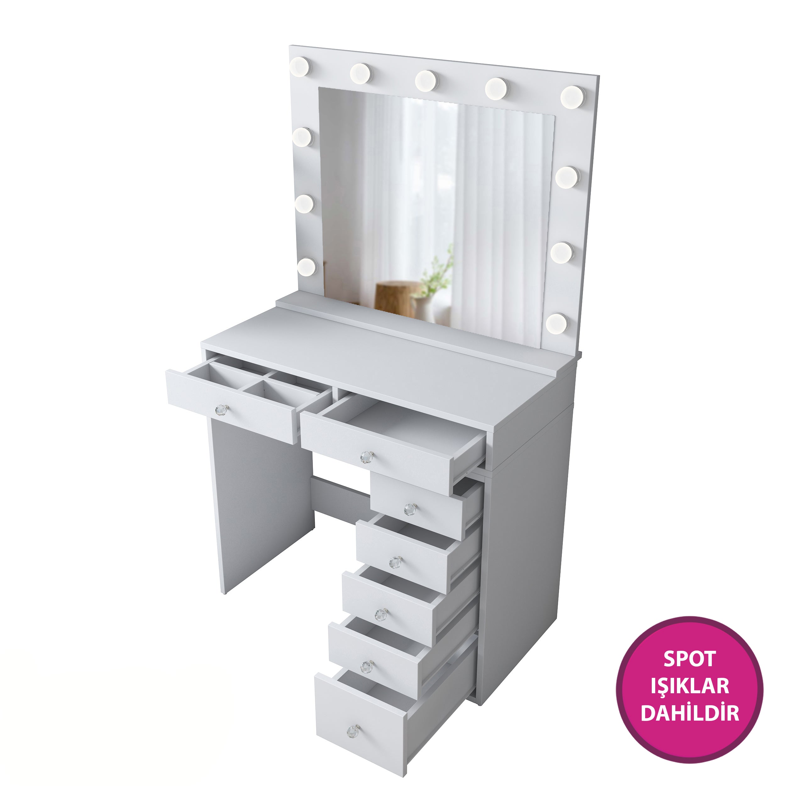 Rani BJ115 Hollywood Illuminated Mirrored Backstage Makeup Table 7 Drawers Jewelry Organizer White