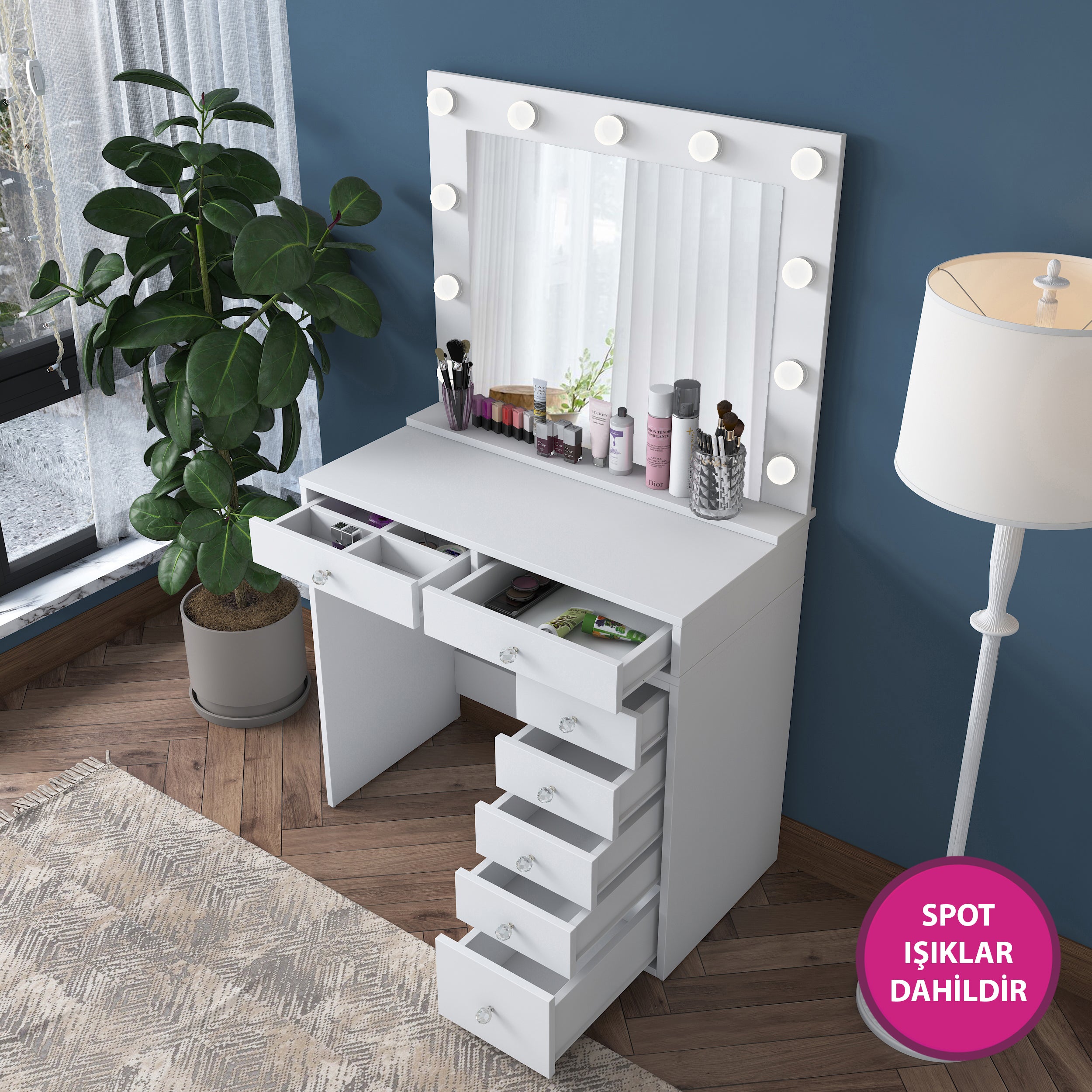 Rani BJ115 Hollywood Işıklı Aynalı Kulis Makyaj Masası 7 Çekmeceli Takı Düzenleyici Beyaz
