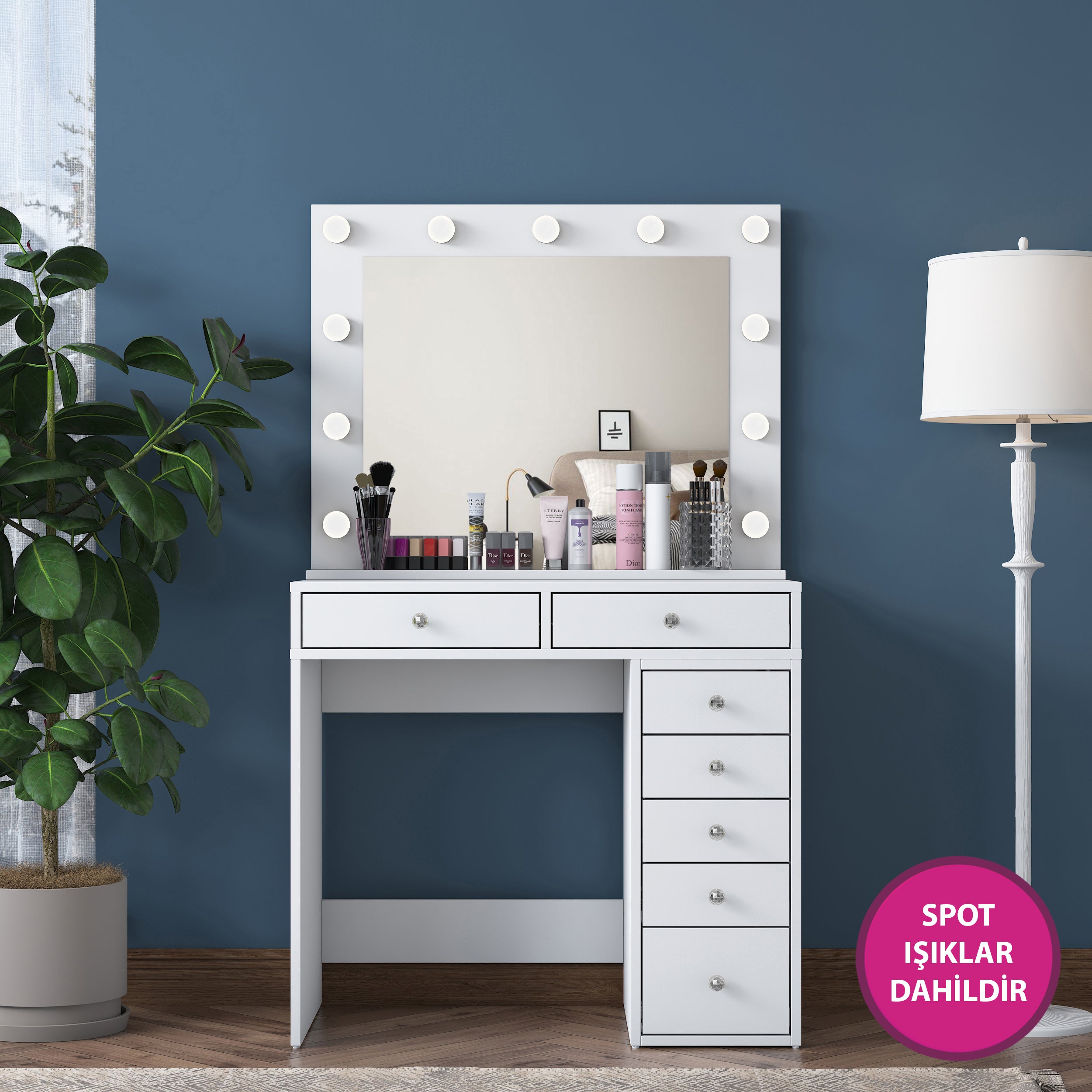 Rani BJ115 Hollywood Illuminated Mirrored Backstage Makeup Table 7 Drawers Jewelry Organizer White