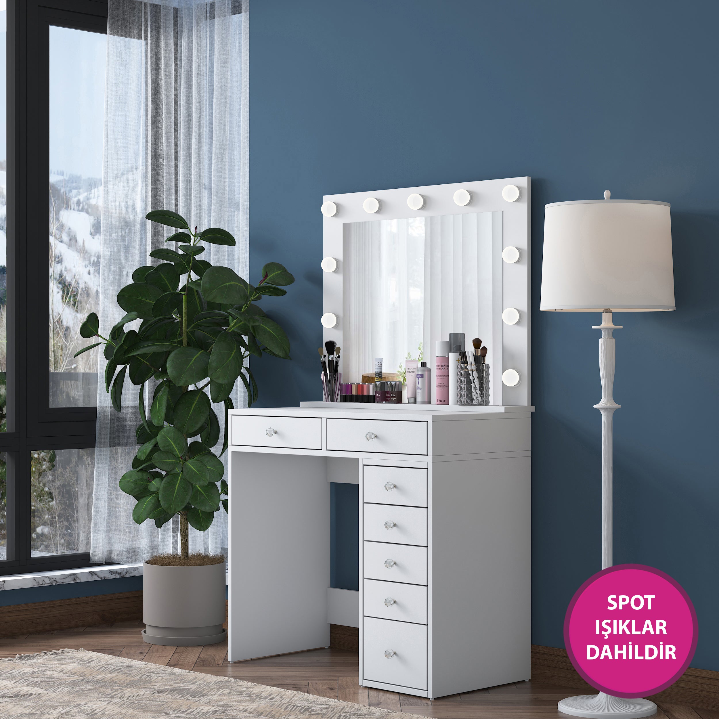 Rani BJ115 Hollywood Illuminated Mirrored Backstage Makeup Table 7 Drawers Jewelry Organizer White