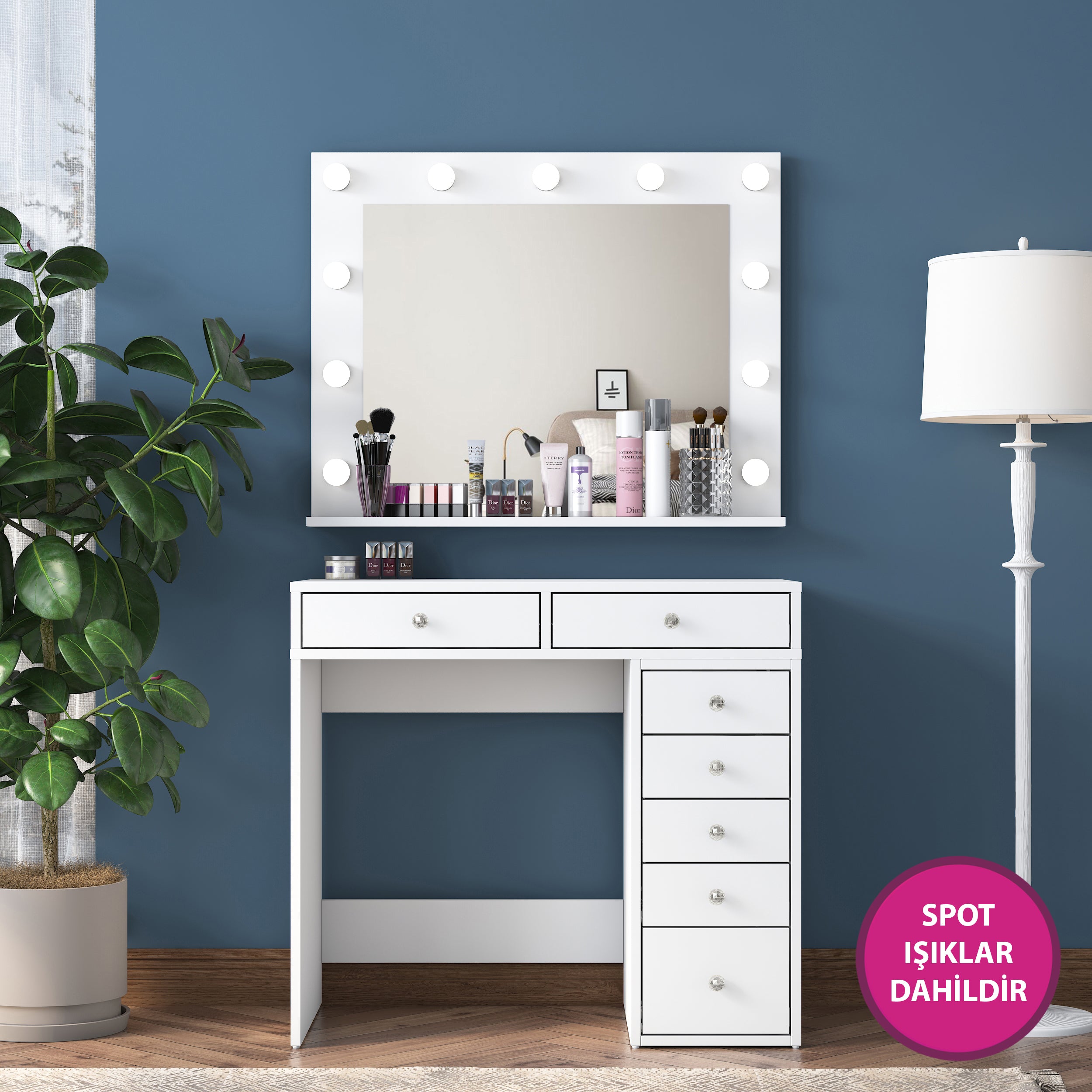 Rani BJ115 Hollywood Illuminated Mirrored Backstage Makeup Table 7 Drawers Jewelry Organizer White