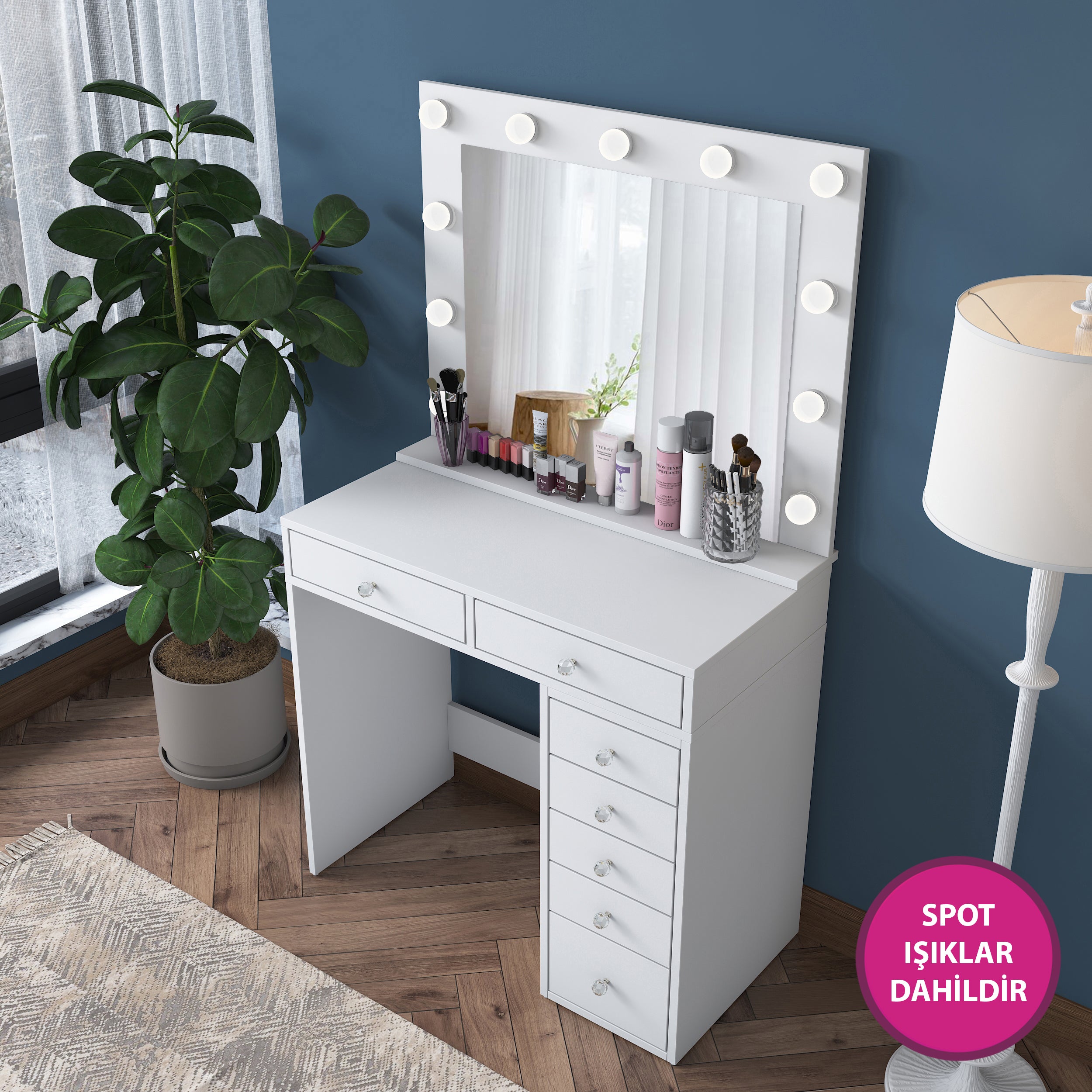 Rani BJ115 Hollywood Illuminated Mirrored Backstage Makeup Table 7 Drawers Jewelry Organizer White