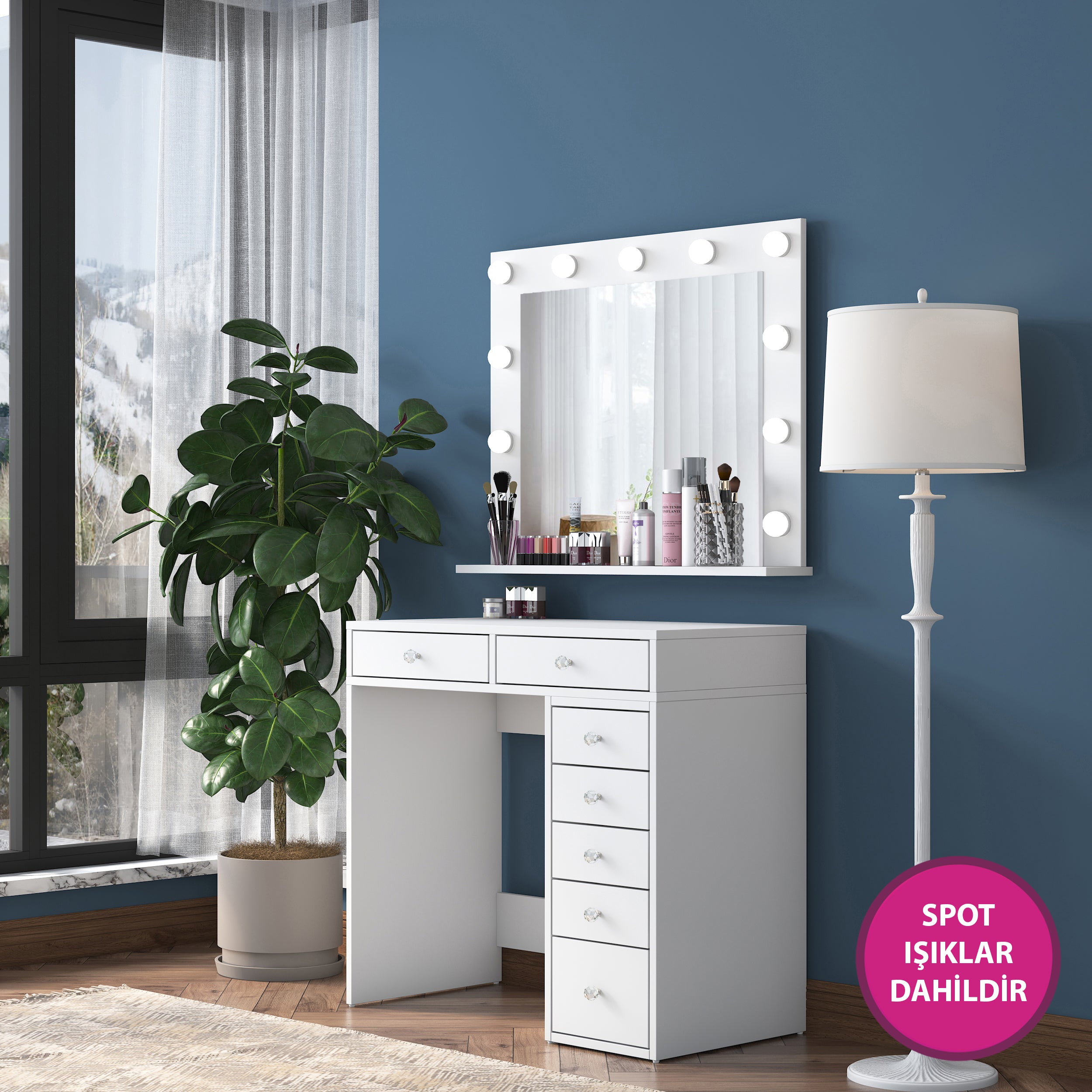 Rani BJ115 Hollywood Illuminated Mirrored Backstage Makeup Table 7 Drawers Jewelry Organizer White