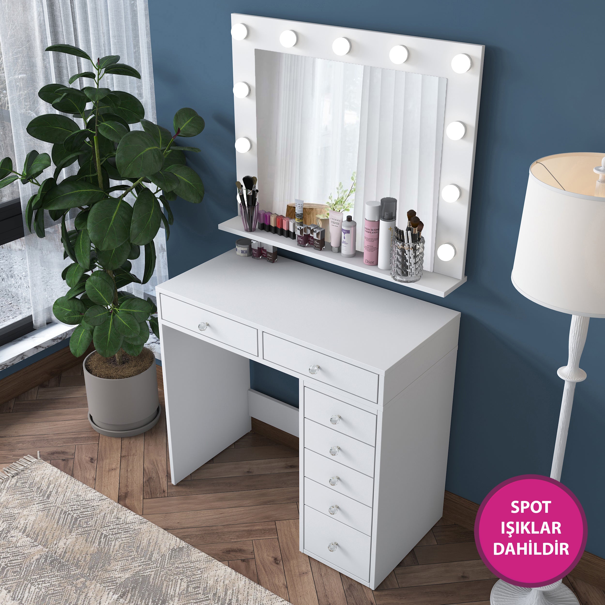 Rani BJ115 Hollywood Illuminated Mirrored Backstage Makeup Table 7 Drawers Jewelry Organizer White