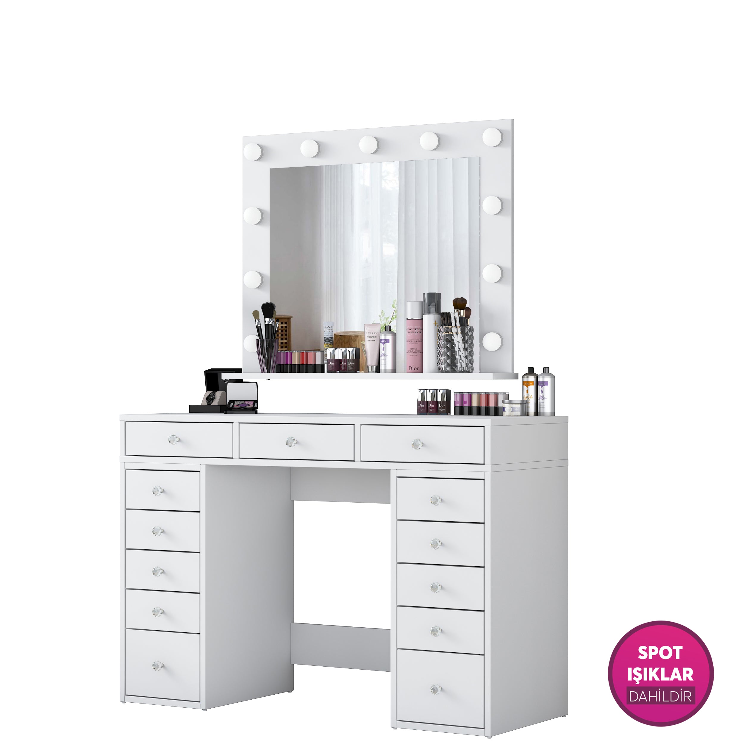 Rani BJ119 Hollywood Işıklı Aynalı Kulis Makyaj Masası 13 Çekmeceli Takı Düzenleyici Beyaz