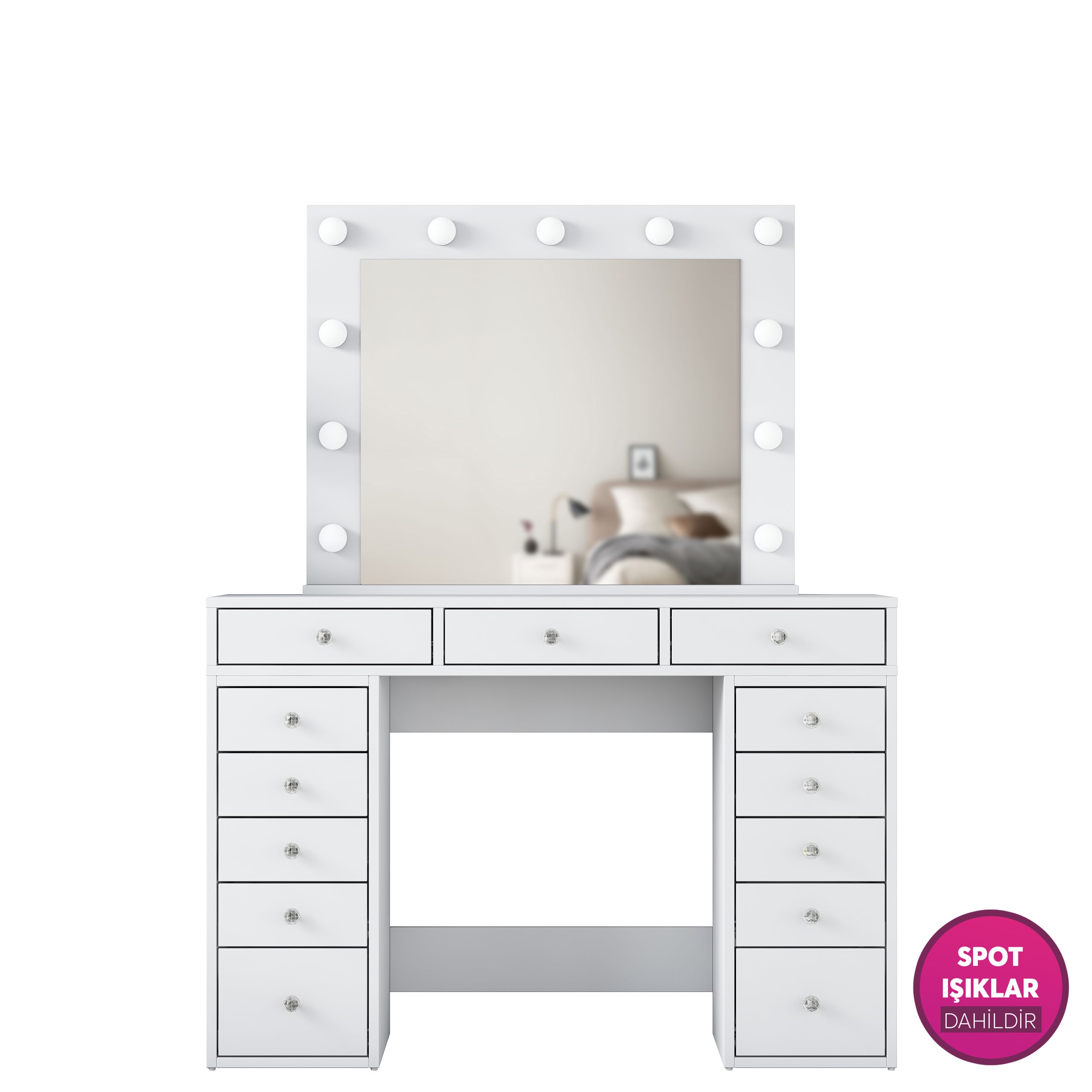 Rani BJ119 Hollywood Işıklı Aynalı Kulis Makyaj Masası 13 Çekmeceli Takı Düzenleyici Beyaz