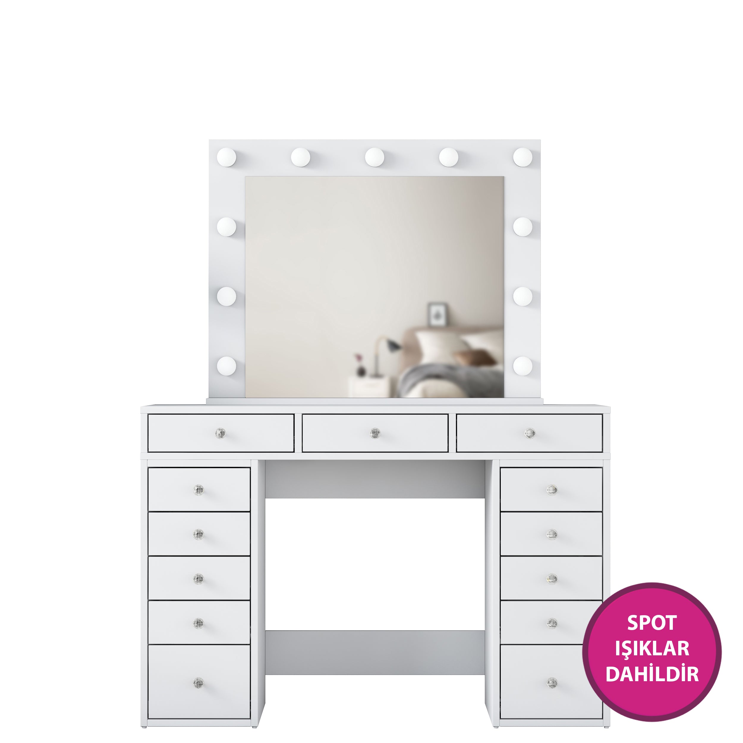 Rani BJ119 Hollywood Işıklı Aynalı Kulis Makyaj Masası 13 Çekmeceli Takı Düzenleyici Beyaz