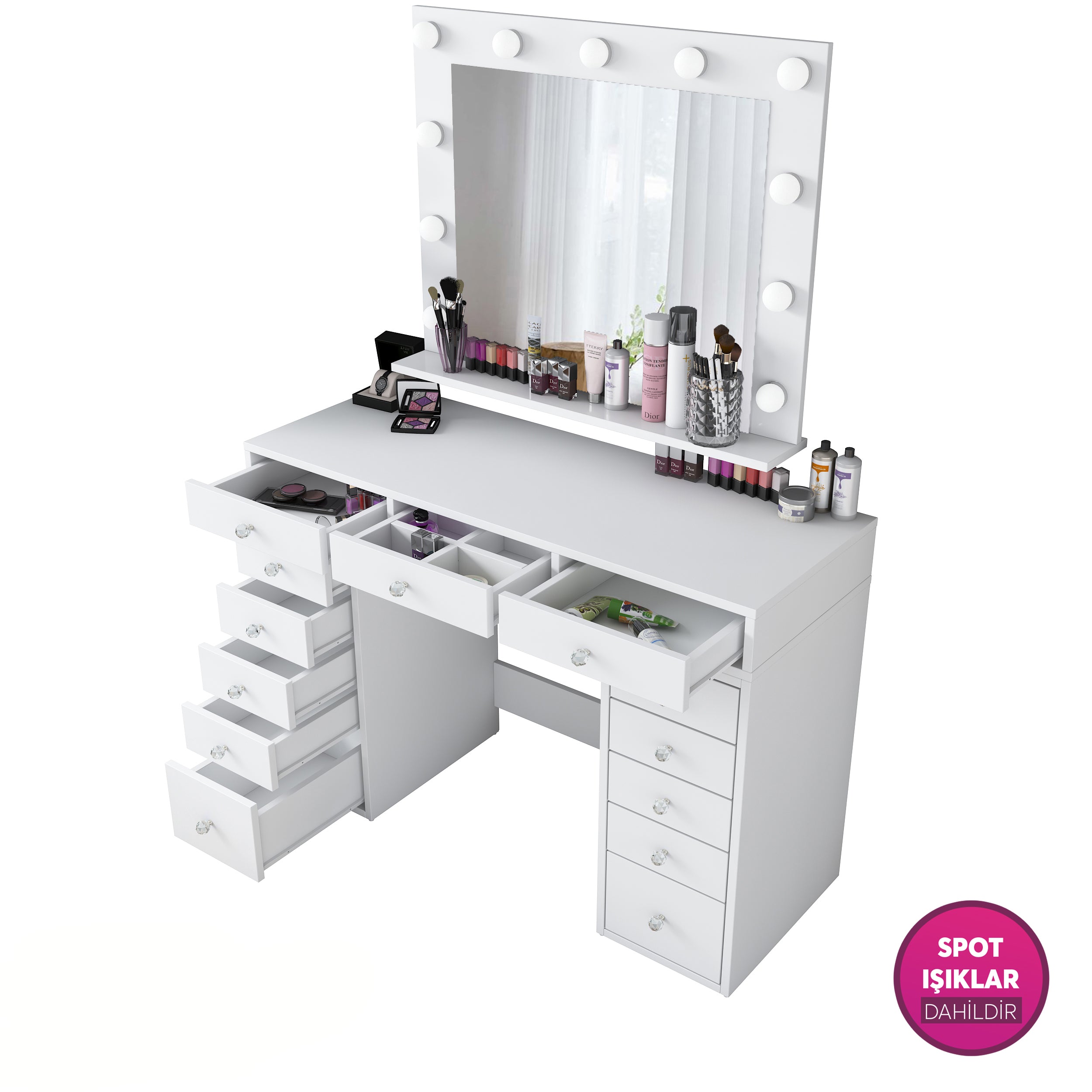Rani BJ119 Hollywood Işıklı Aynalı Kulis Makyaj Masası 13 Çekmeceli Takı Düzenleyici Beyaz
