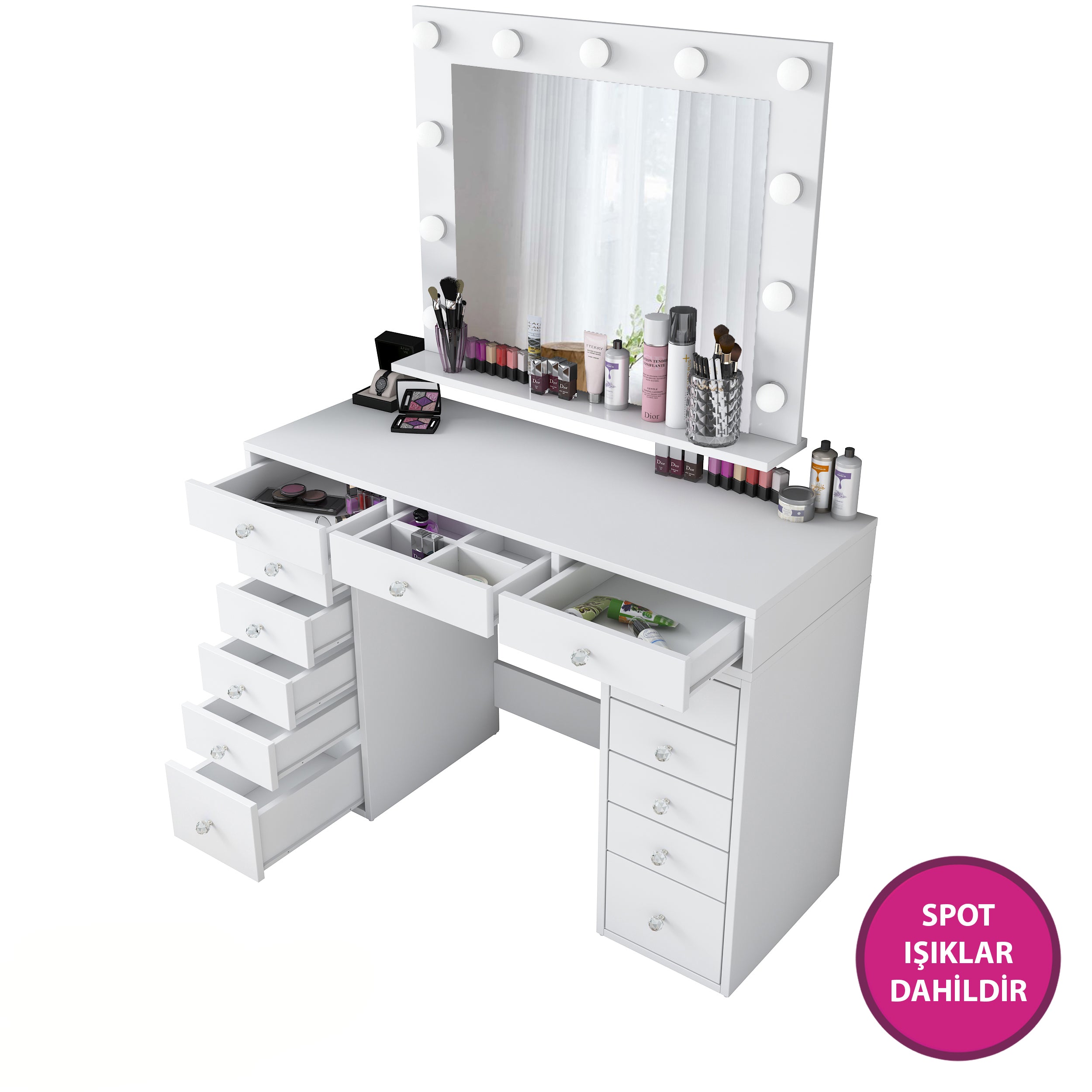 Rani BJ119 Hollywood Işıklı Aynalı Kulis Makyaj Masası 13 Çekmeceli Takı Düzenleyici Beyaz