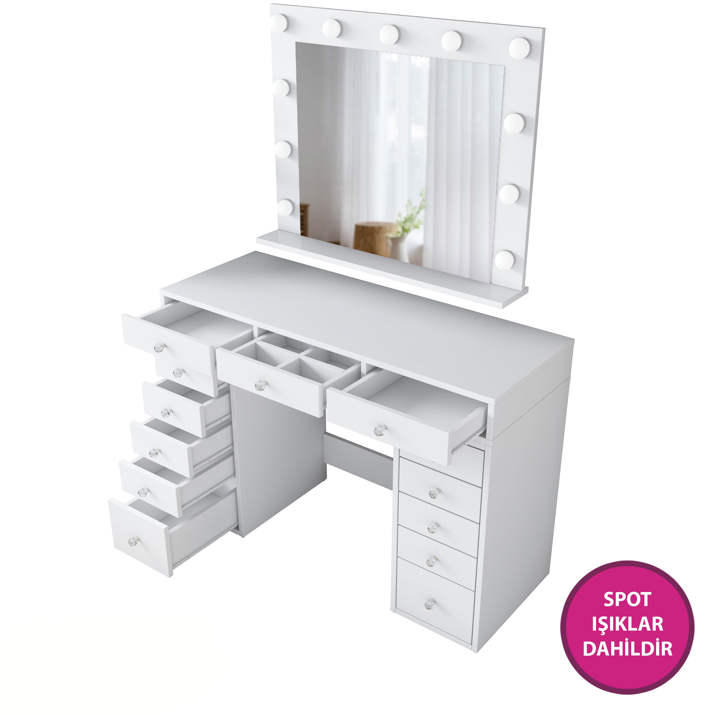 Rani BJ119 Hollywood Işıklı Aynalı Kulis Makyaj Masası 13 Çekmeceli Takı Düzenleyici Beyaz