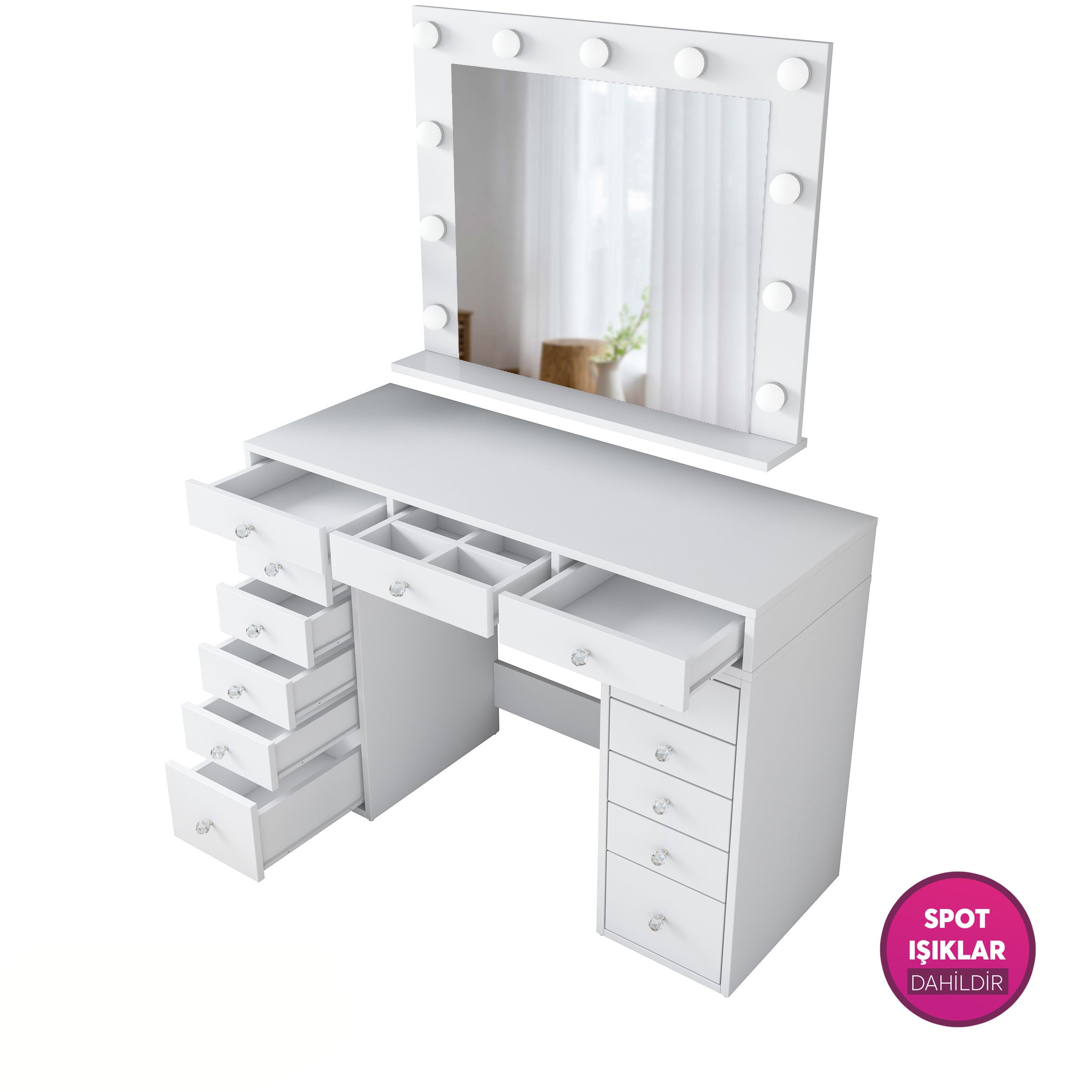 Rani BJ119 Hollywood Işıklı Aynalı Kulis Makyaj Masası 13 Çekmeceli Takı Düzenleyici Beyaz