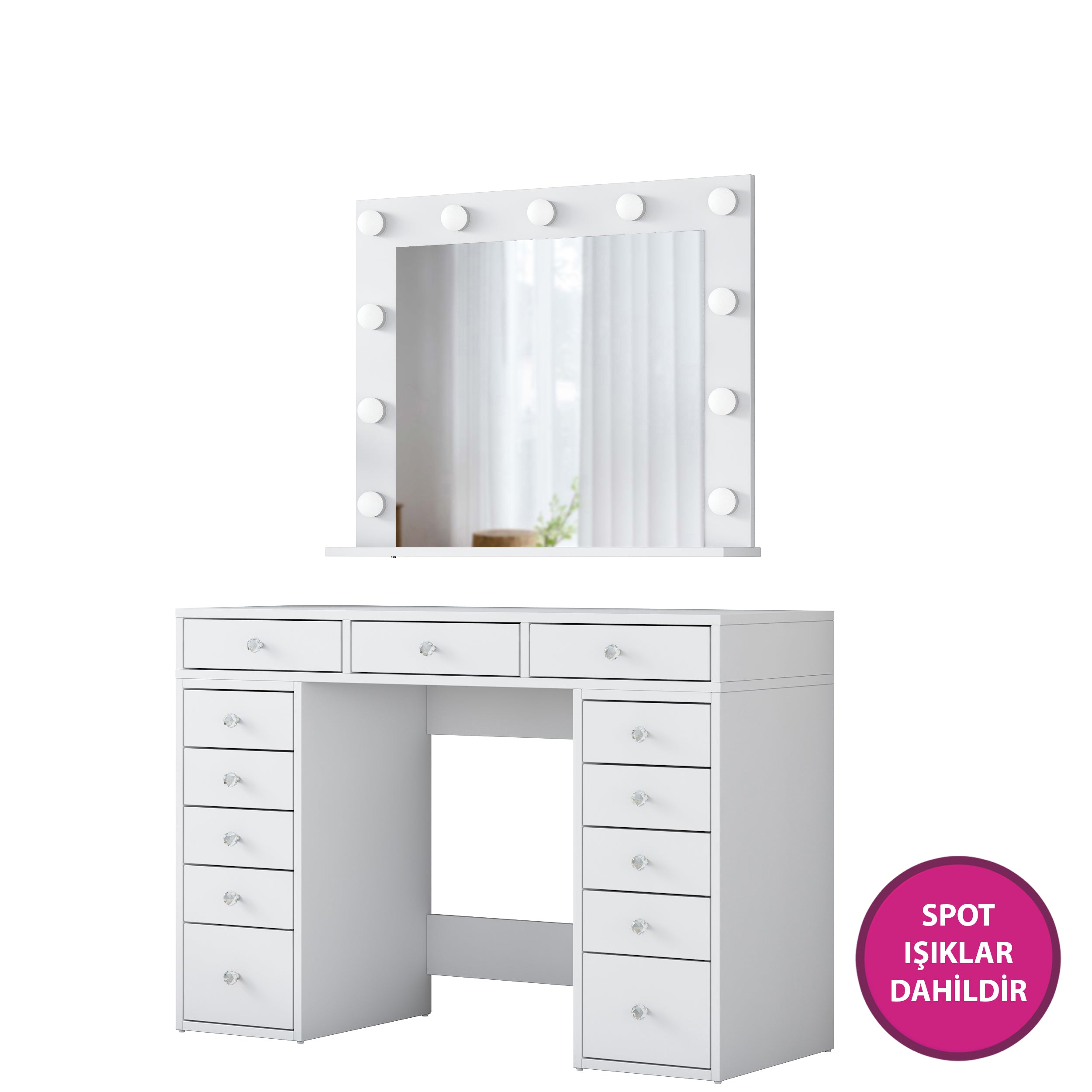 Rani BJ119 Hollywood Işıklı Aynalı Kulis Makyaj Masası 13 Çekmeceli Takı Düzenleyici Beyaz