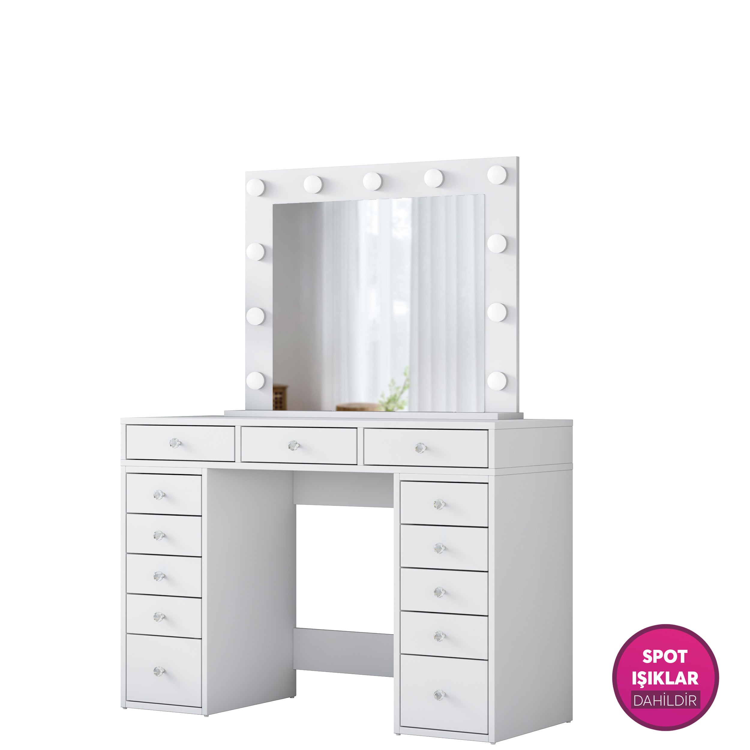 Rani BJ119 Hollywood Işıklı Aynalı Kulis Makyaj Masası 13 Çekmeceli Takı Düzenleyici Beyaz