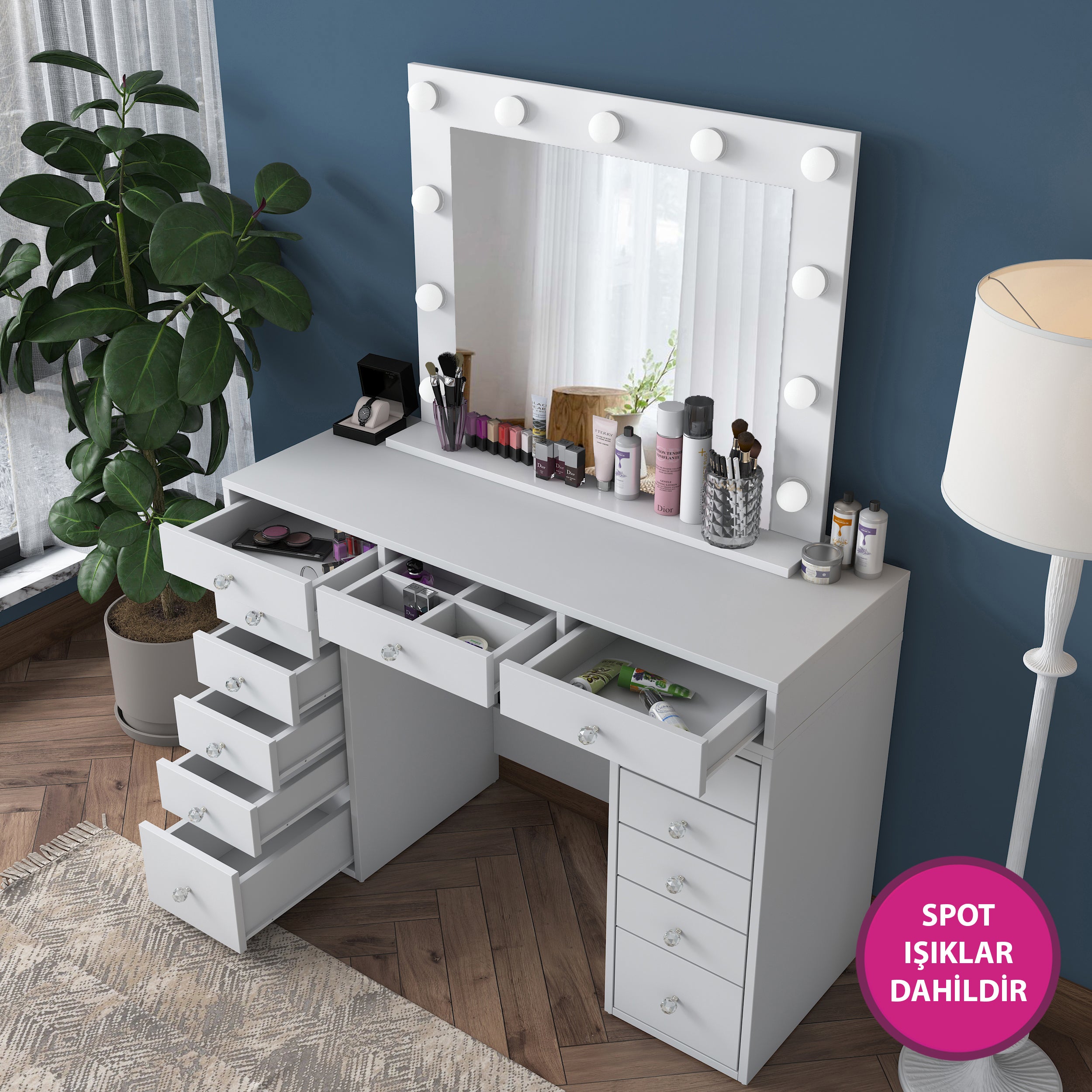 Rani BJ119 Hollywood Işıklı Aynalı Kulis Makyaj Masası 13 Çekmeceli Takı Düzenleyici Beyaz