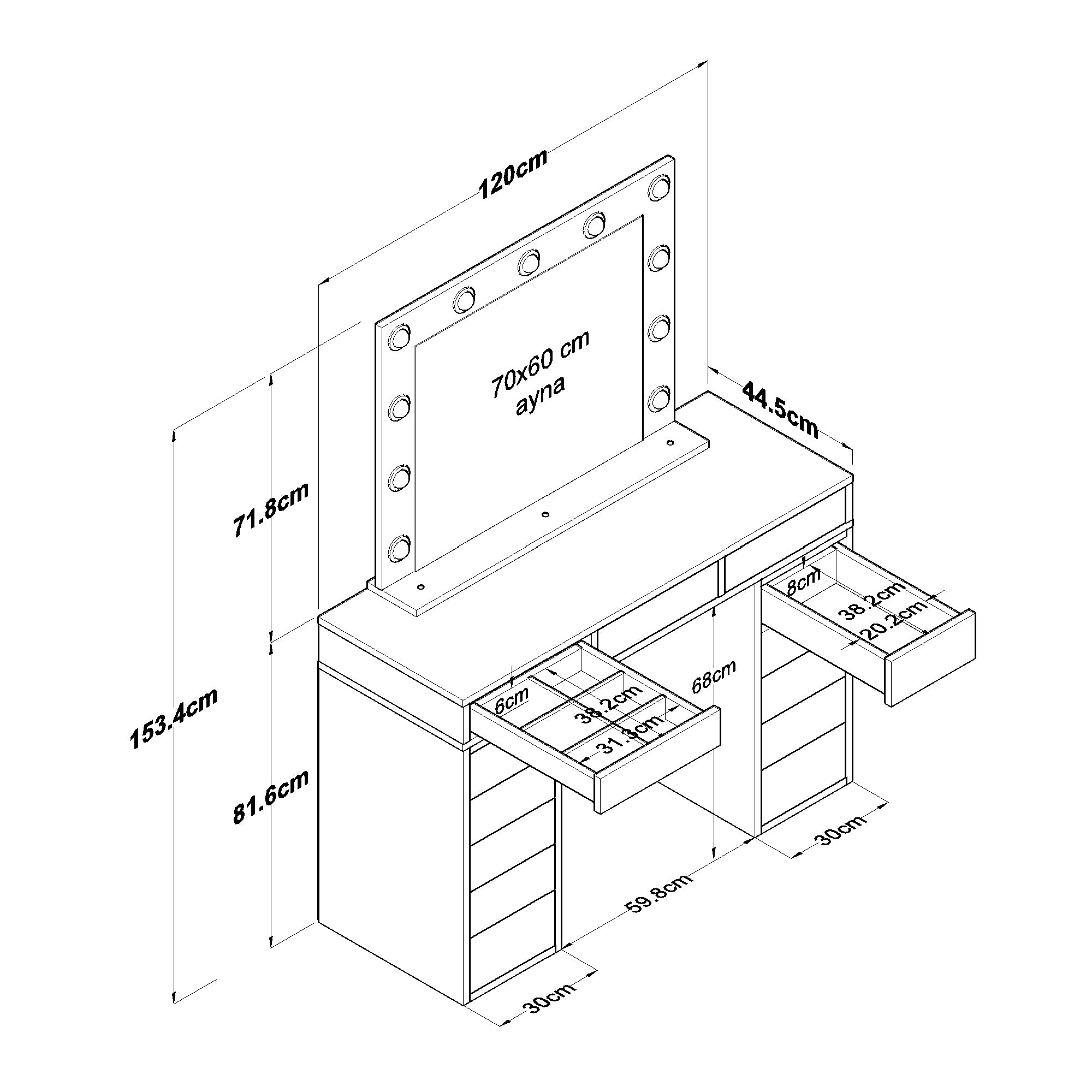 Rani BJ119 Hollywood Işıklı Aynalı Kulis Makyaj Masası 13 Çekmeceli Takı Düzenleyici Beyaz