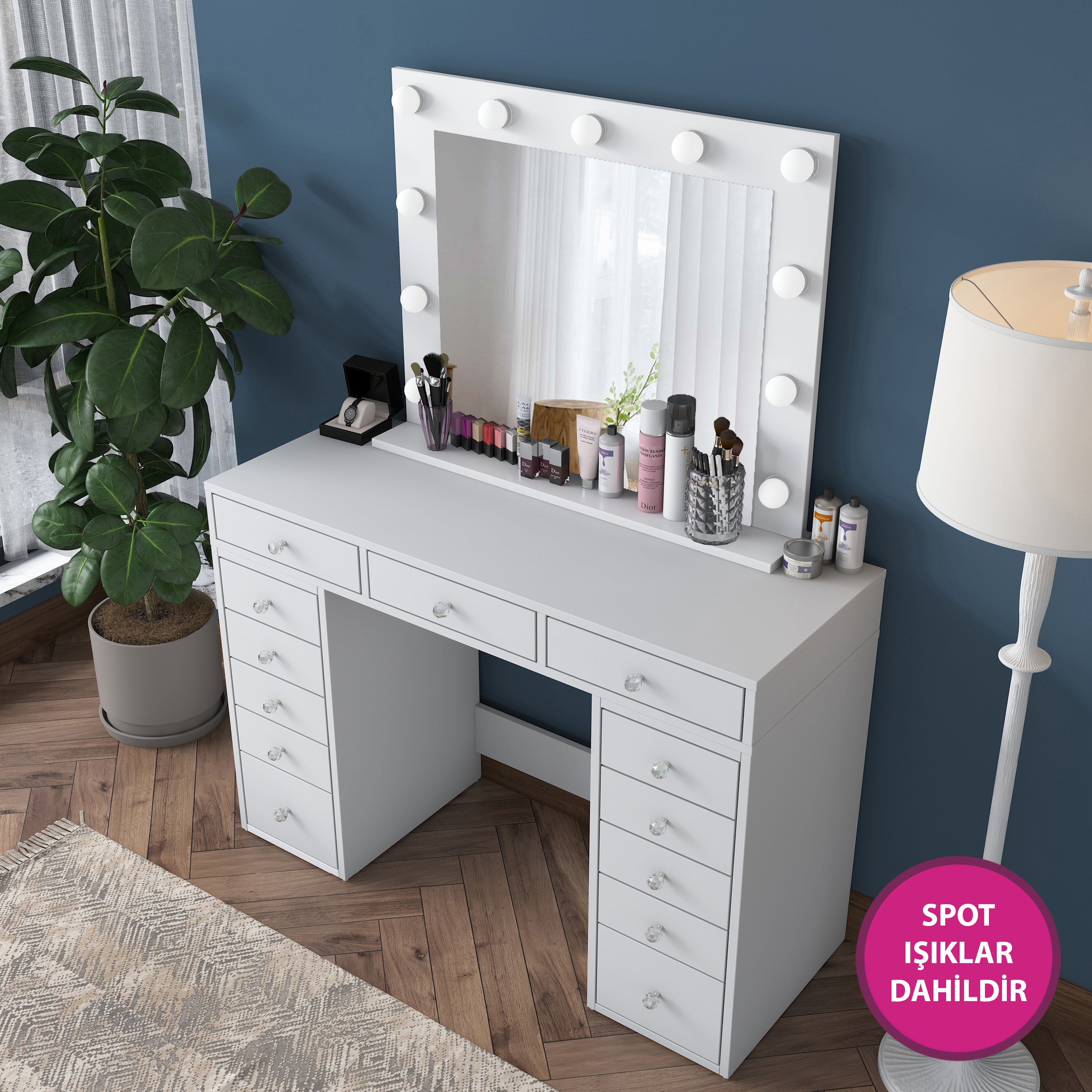 Rani BJ119 Hollywood Işıklı Aynalı Kulis Makyaj Masası 13 Çekmeceli Takı Düzenleyici Beyaz
