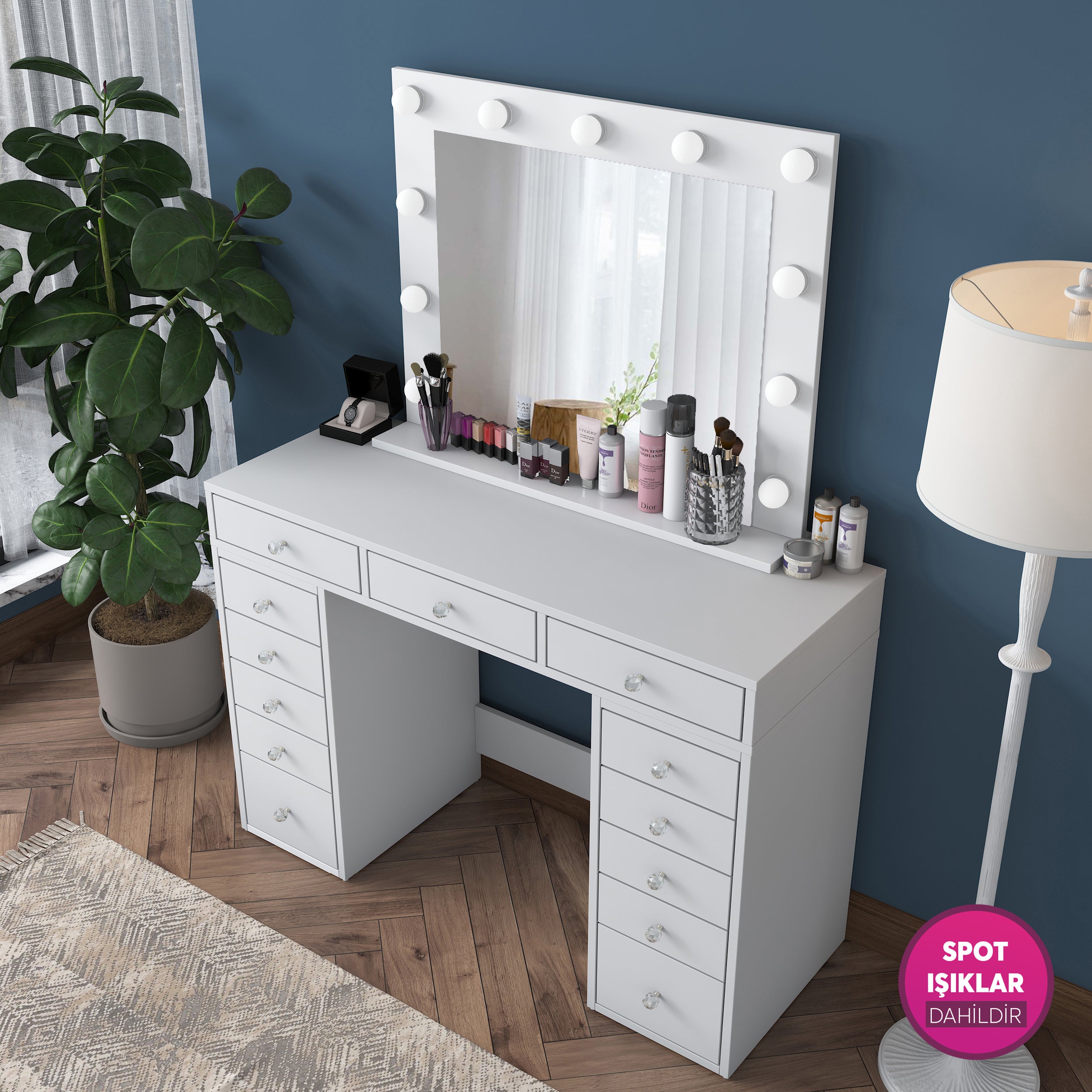 Rani BJ119 Hollywood Işıklı Aynalı Kulis Makyaj Masası 13 Çekmeceli Takı Düzenleyici Beyaz