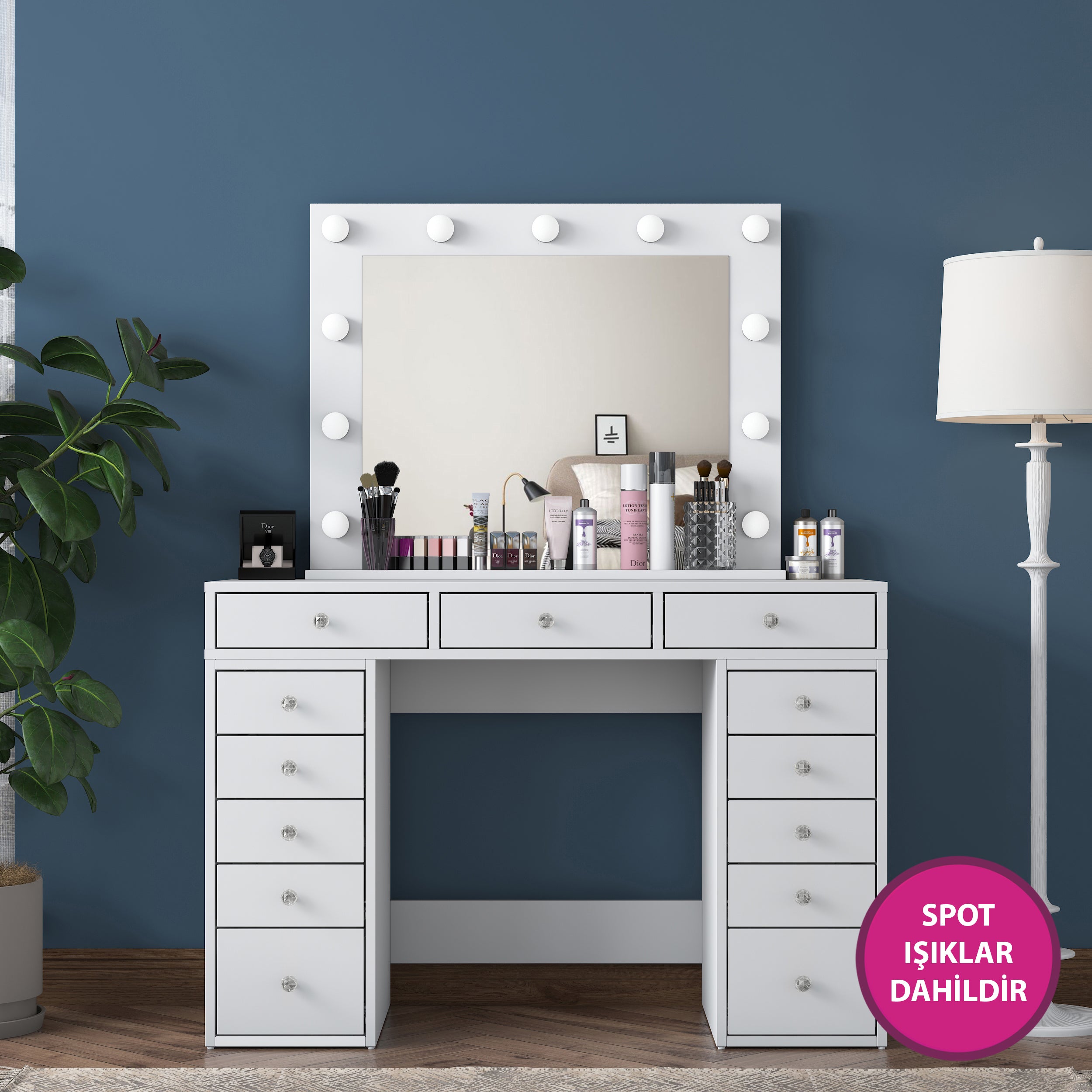 Rani BJ119 Hollywood Işıklı Aynalı Kulis Makyaj Masası 13 Çekmeceli Takı Düzenleyici Beyaz