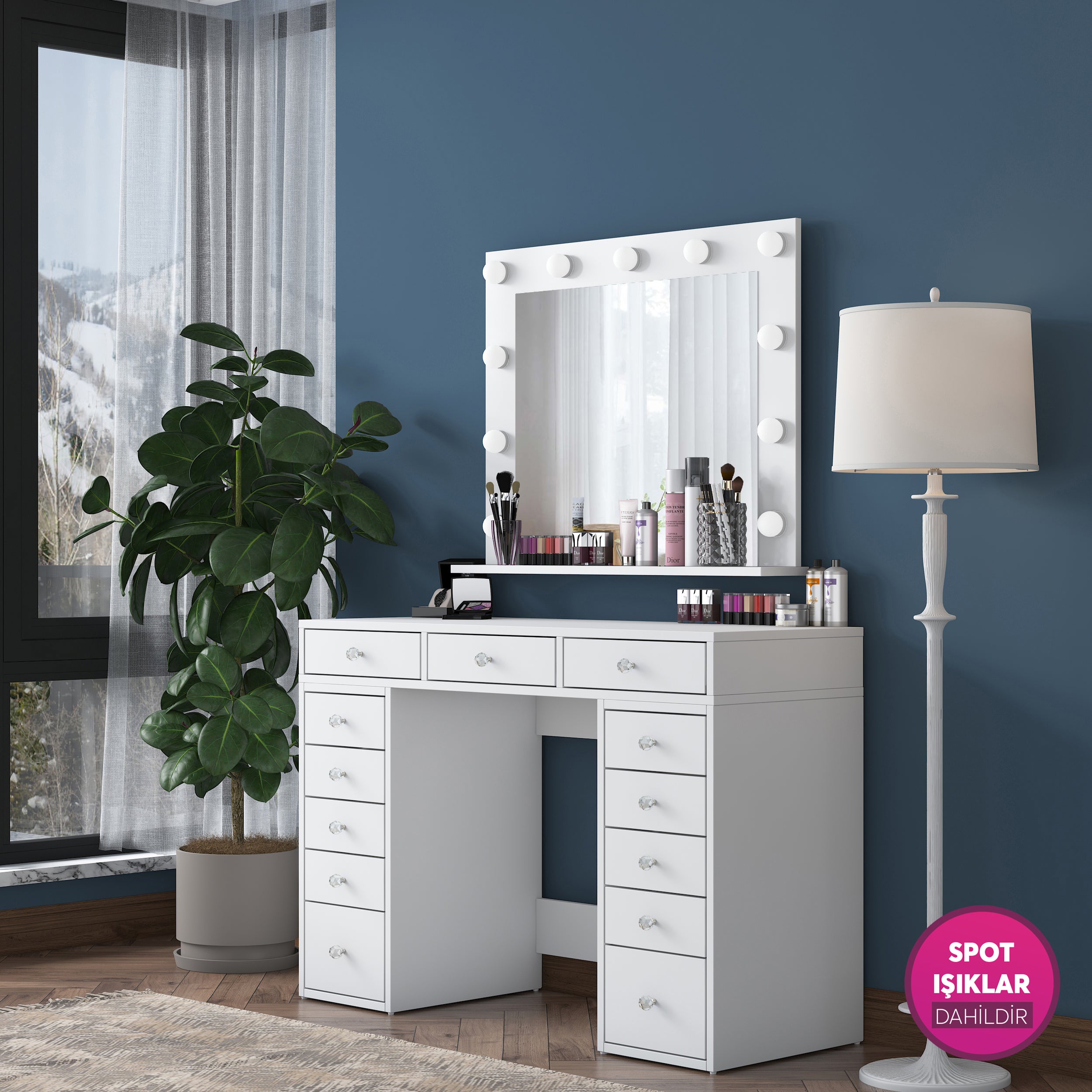 Rani BJ119 Hollywood Işıklı Aynalı Kulis Makyaj Masası 13 Çekmeceli Takı Düzenleyici Beyaz