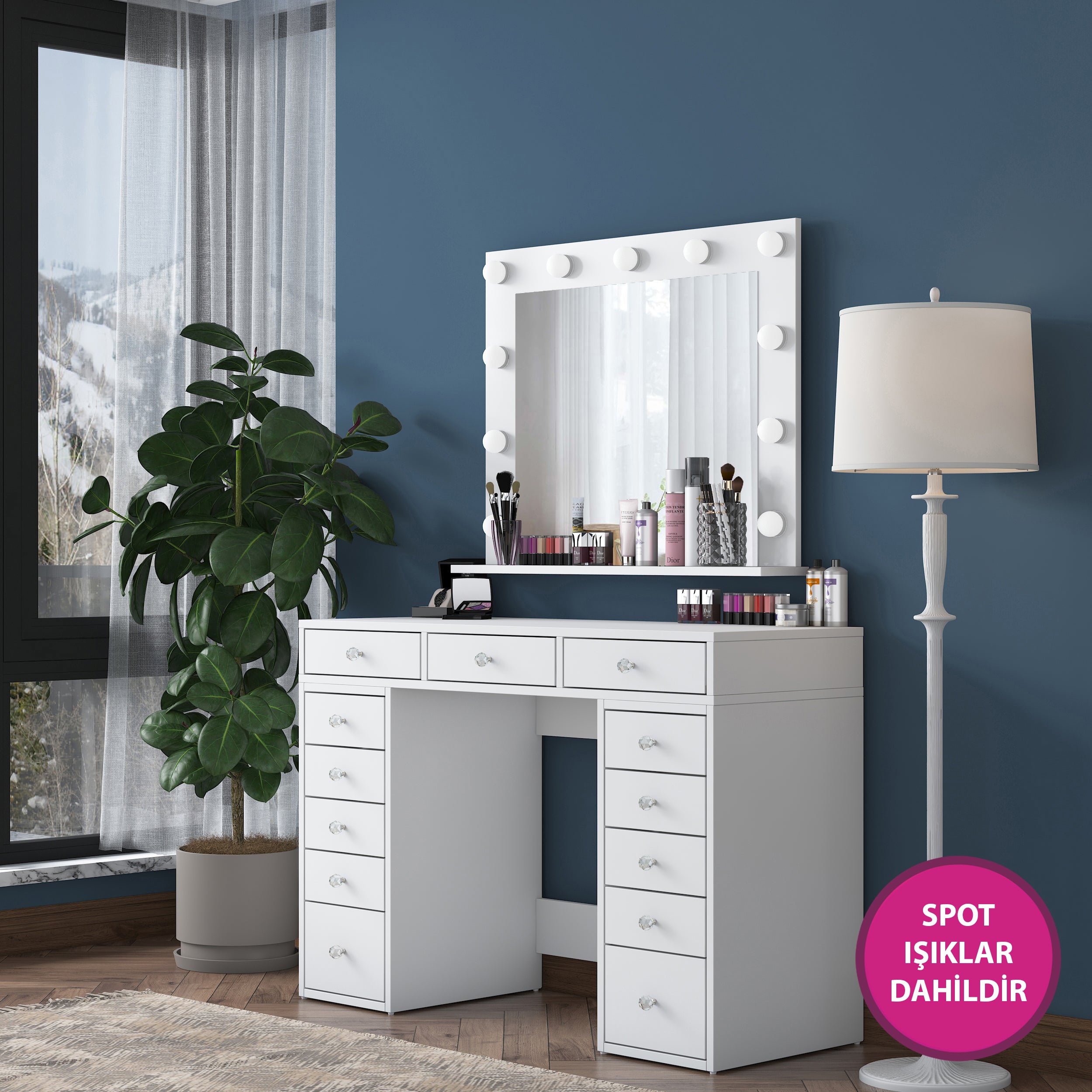Rani BJ119 Hollywood Işıklı Aynalı Kulis Makyaj Masası 13 Çekmeceli Takı Düzenleyici Beyaz