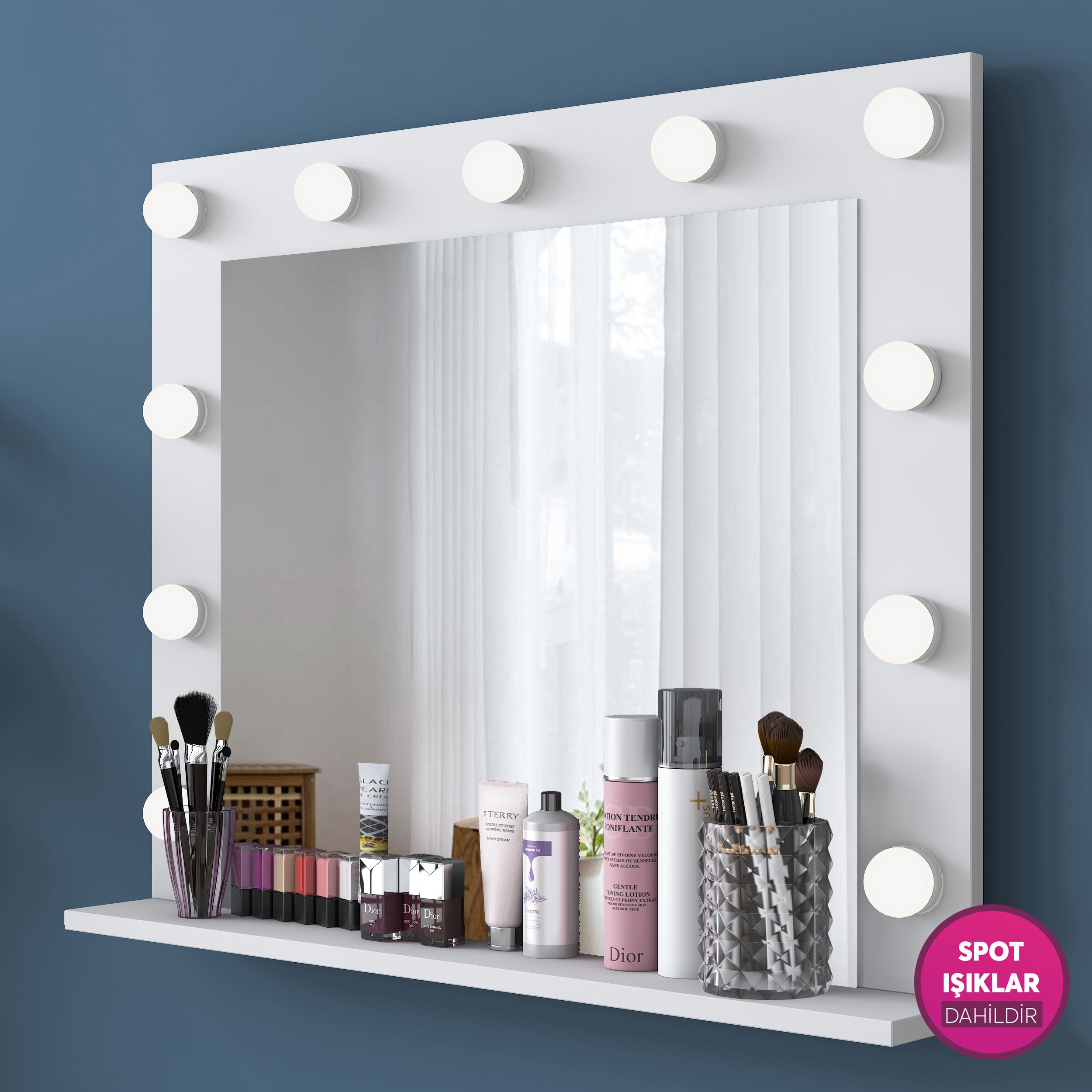 Rani BJ119 Hollywood Işıklı Aynalı Kulis Makyaj Masası 13 Çekmeceli Takı Düzenleyici Beyaz