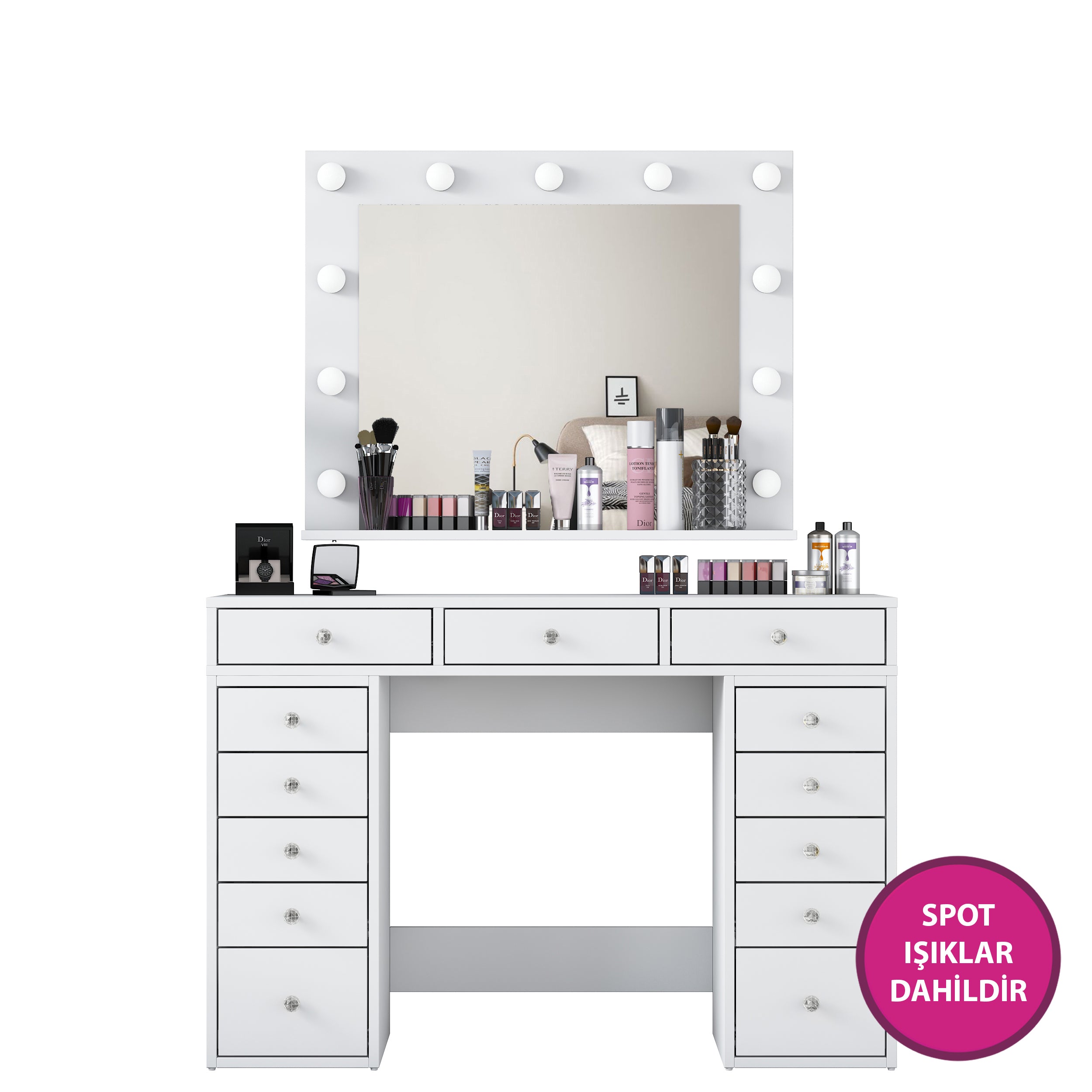 Rani BJ119 Hollywood Işıklı Aynalı Kulis Makyaj Masası 13 Çekmeceli Takı Düzenleyici Beyaz