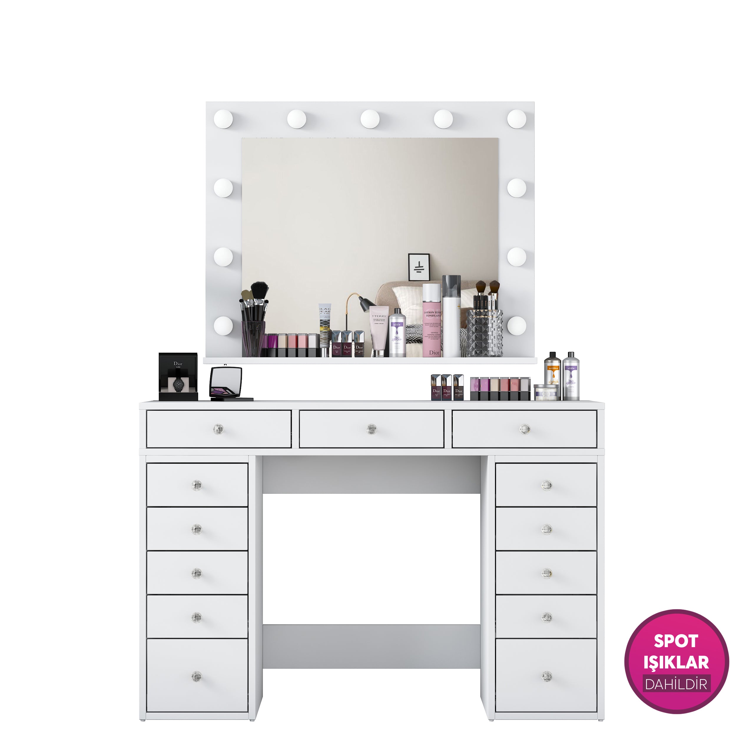 Rani BJ119 Hollywood Işıklı Aynalı Kulis Makyaj Masası 13 Çekmeceli Takı Düzenleyici Beyaz