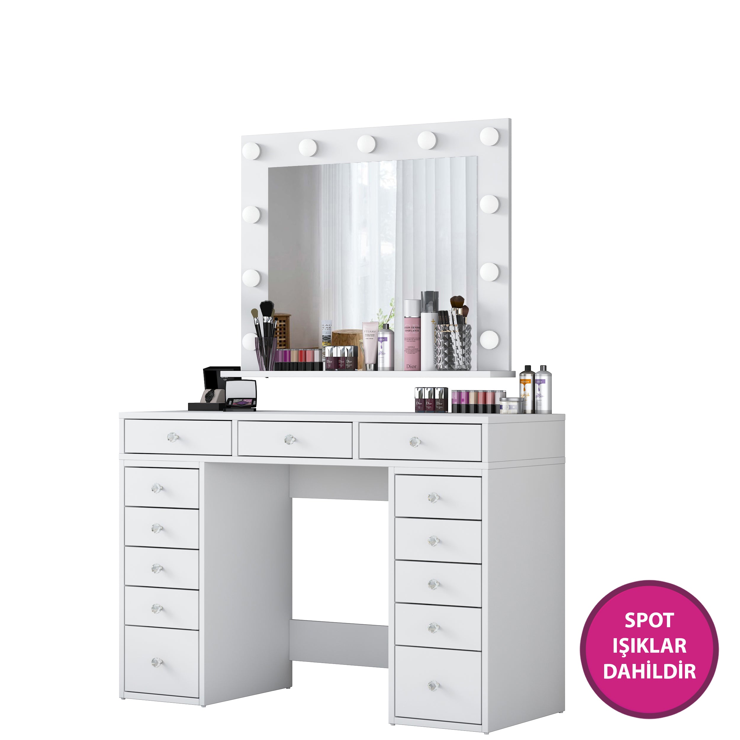 Rani BJ119 Hollywood Işıklı Aynalı Kulis Makyaj Masası 13 Çekmeceli Takı Düzenleyici Beyaz