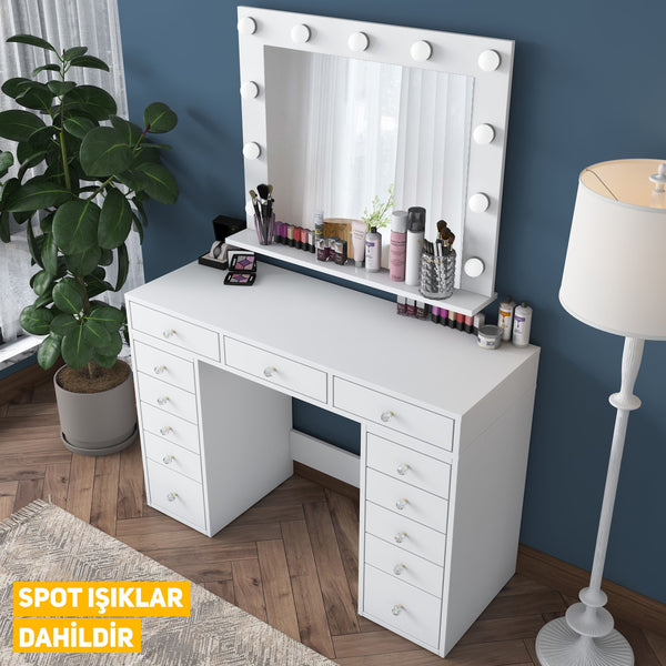 Rani BJ119 Hollywood Işıklı Aynalı Kulis Makyaj Masası Takı Düzenleyici Beyaz