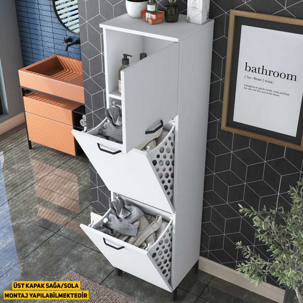 Rani KC101 Çamaşır Sepetli Banyo Dolabı 2 Sepetli Çok Amaçlı Dolap Beyaz