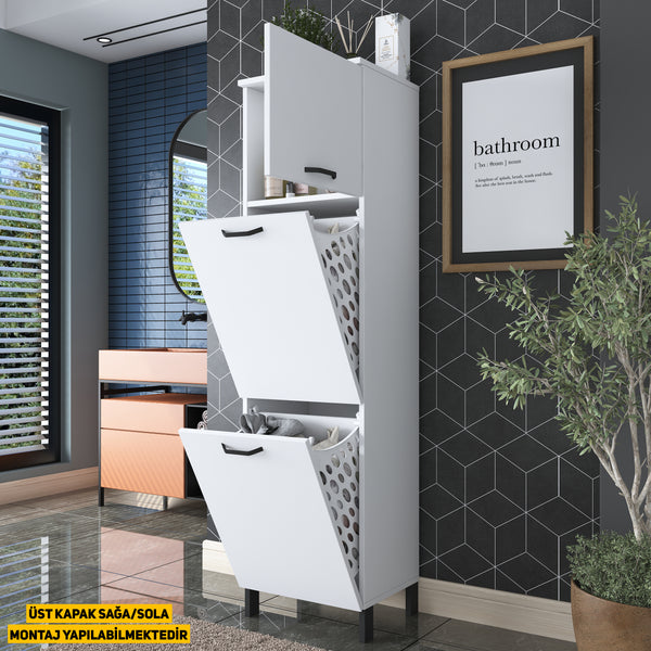 Rani KC101 Çamaşır Sepetli Banyo Dolabı 2 Sepetli Çok Amaçlı Dolap Beyaz