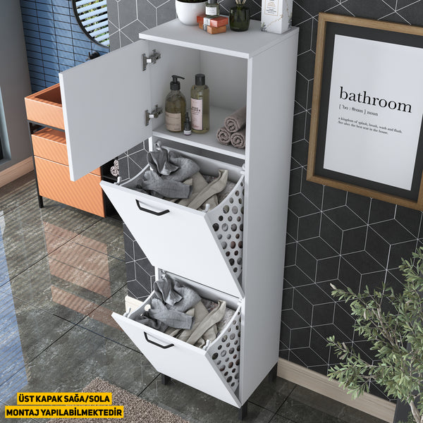Rani KC101 Çamaşır Sepetli Banyo Dolabı 2 Sepetli Çok Amaçlı Dolap Beyaz