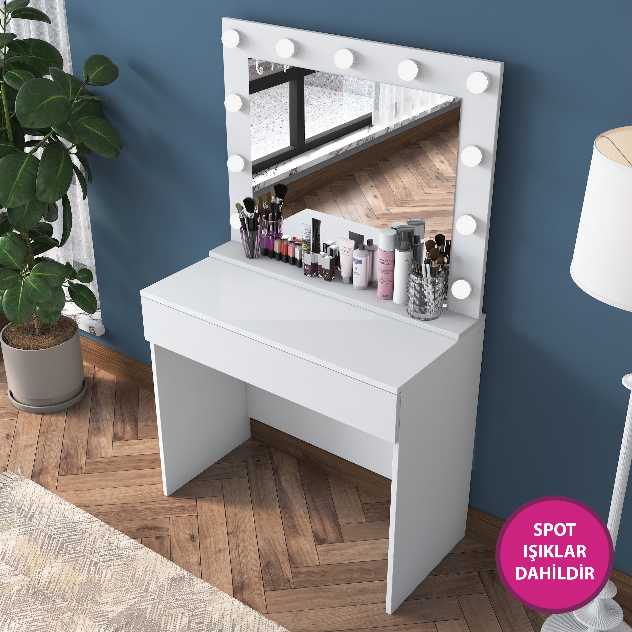 Rani BJ120 Hollywood Işıklı Aynalı Kulis Makyaj Masası Takı Düzenleyici Beyaz